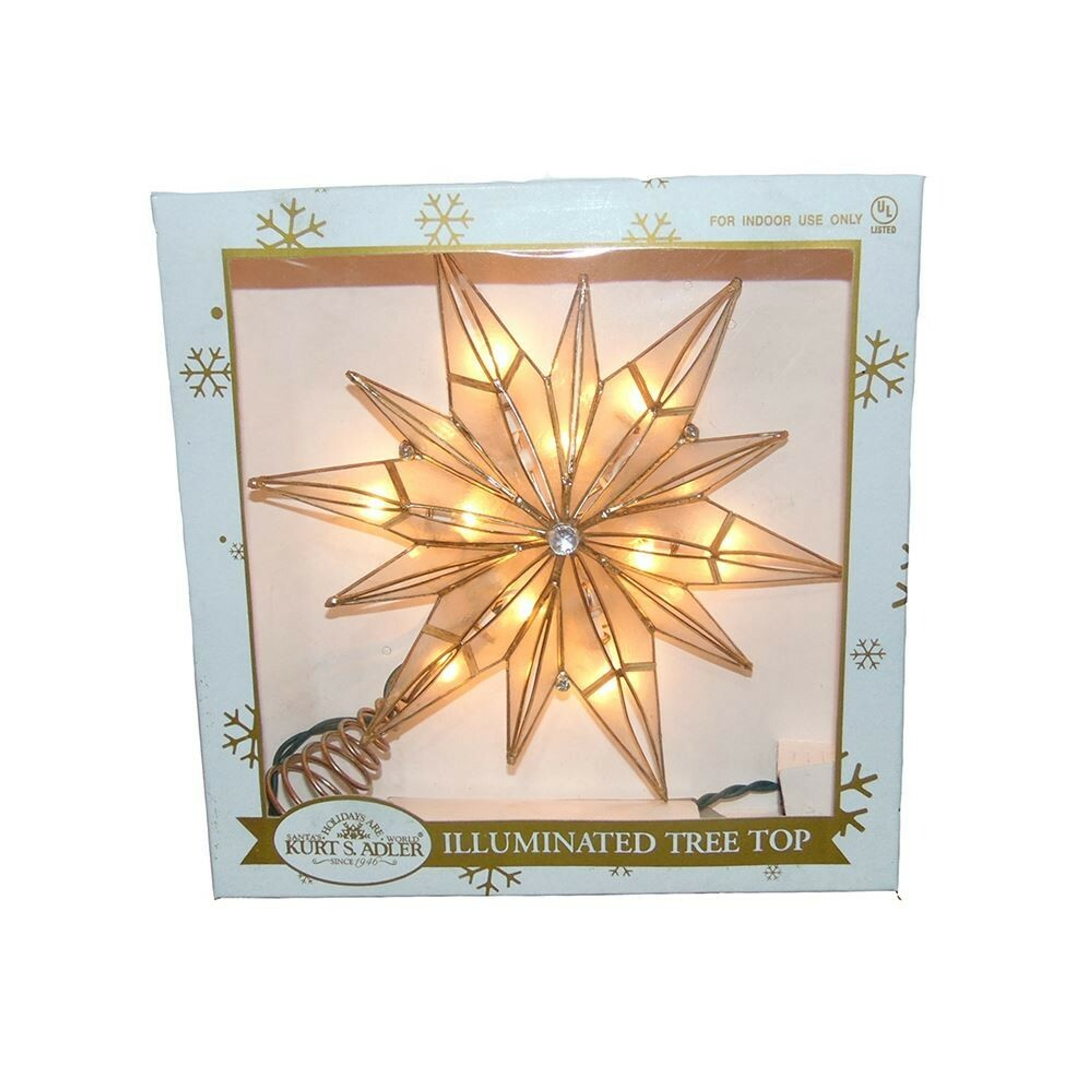 Kurt S. Adler 10-Light 12-Point Capiz Star and Center Gem Treetop, Gold, White