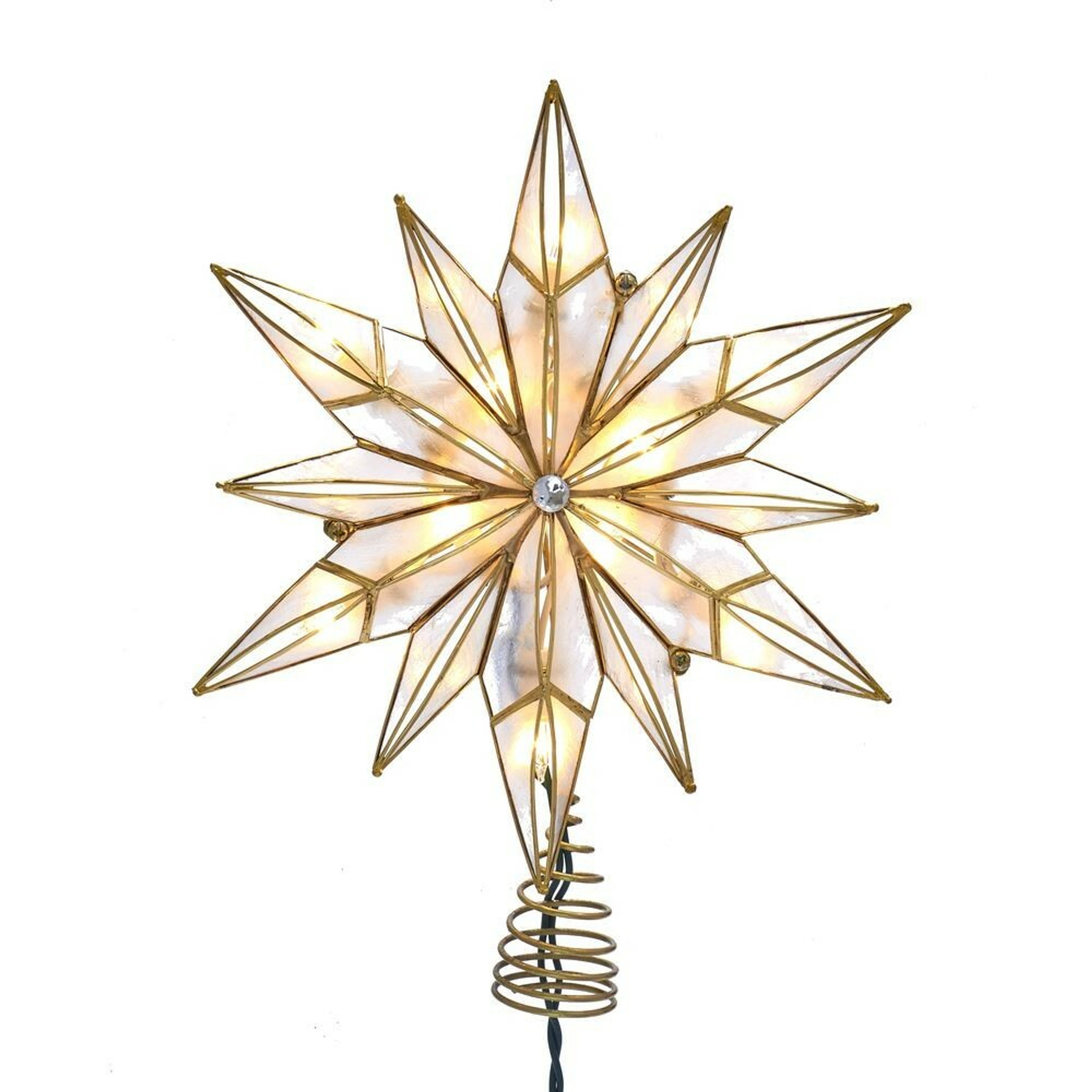 Kurt S. Adler 10-Light 12-Point Capiz Star and Center Gem Treetop, Gold, White