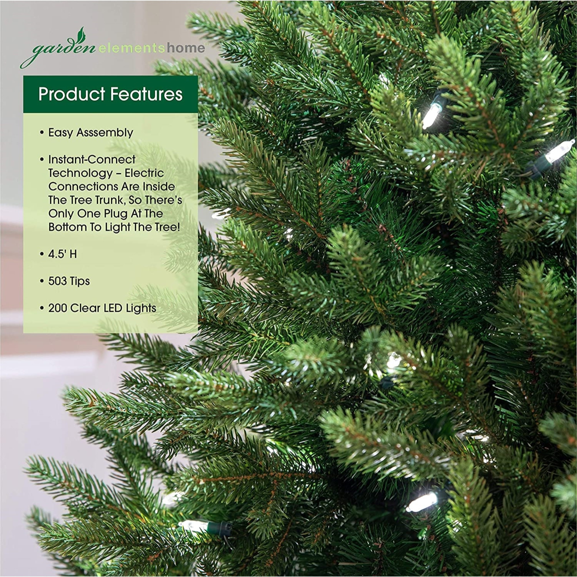 Garden Elements Artificial Pre-Lit North Star Christmas Tree, 503 Tips, 200 LED Clear Lights, 8 Light Functions, 4.5'