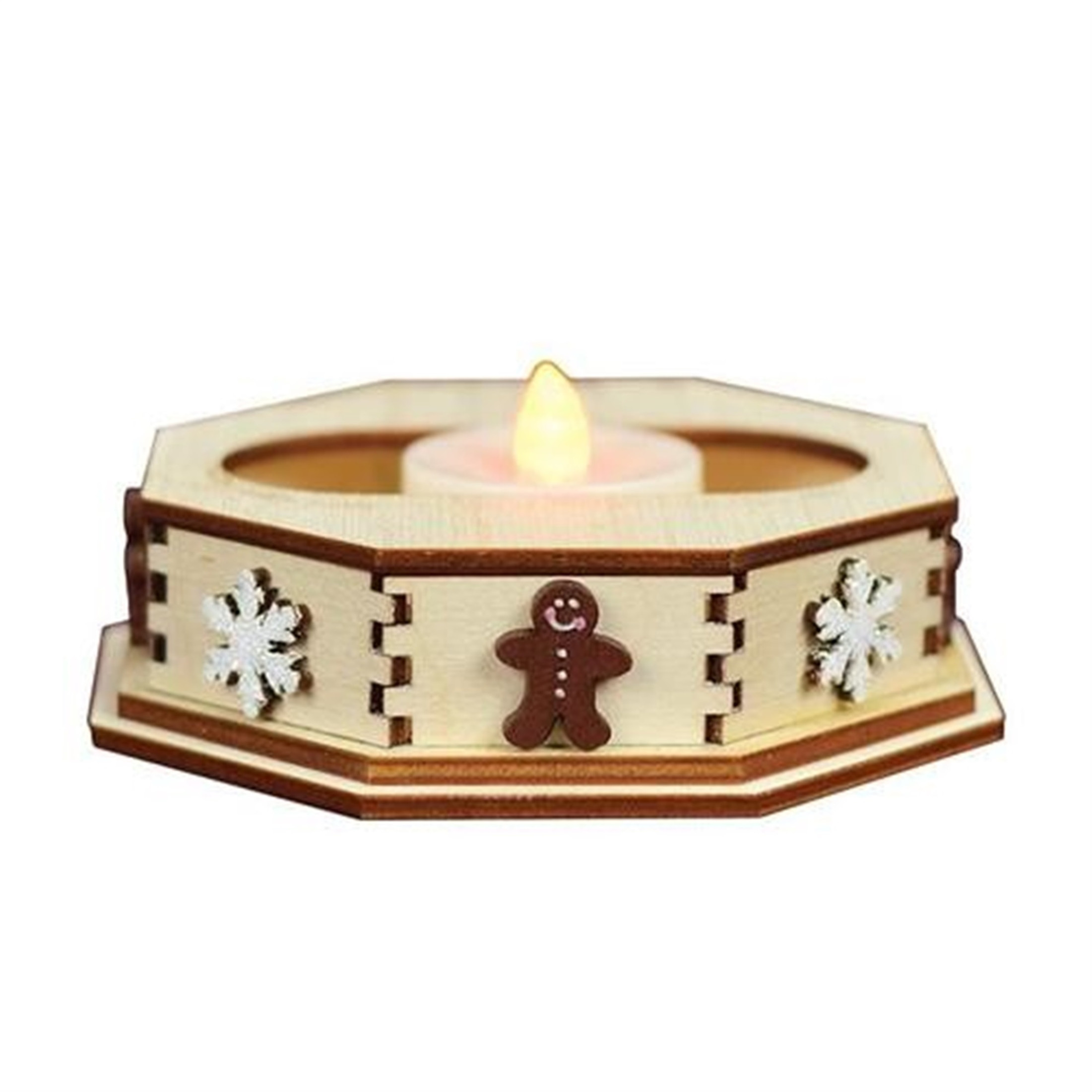 Old World Christmas Ginger Cottages Snowflake Tealight Display — Wooden Snowflake Stand with Battery Tea Light, 4.25"