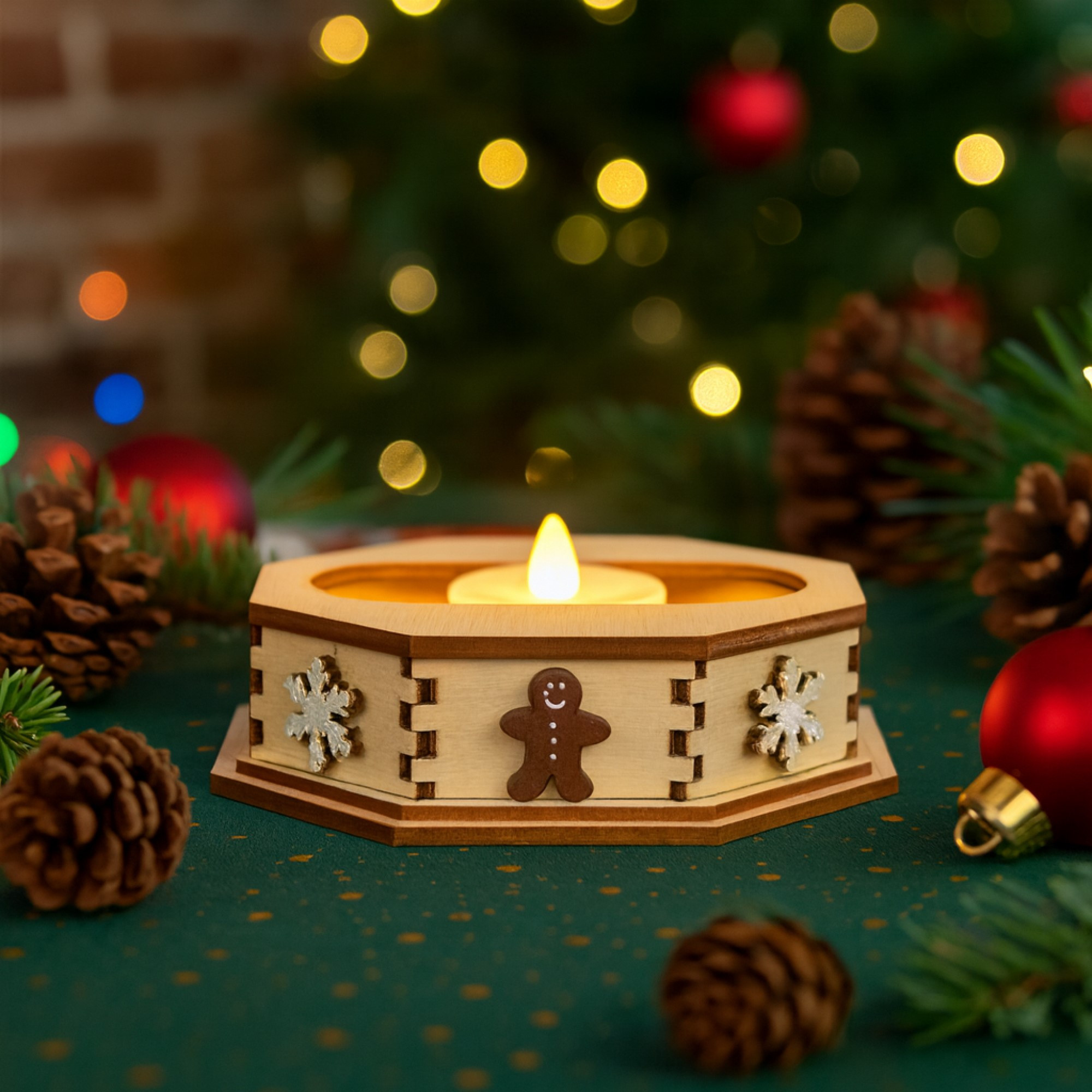 Old World Christmas Ginger Cottages Snowflake Tealight Display — Wooden Snowflake Stand with Battery Tea Light, 4.25"