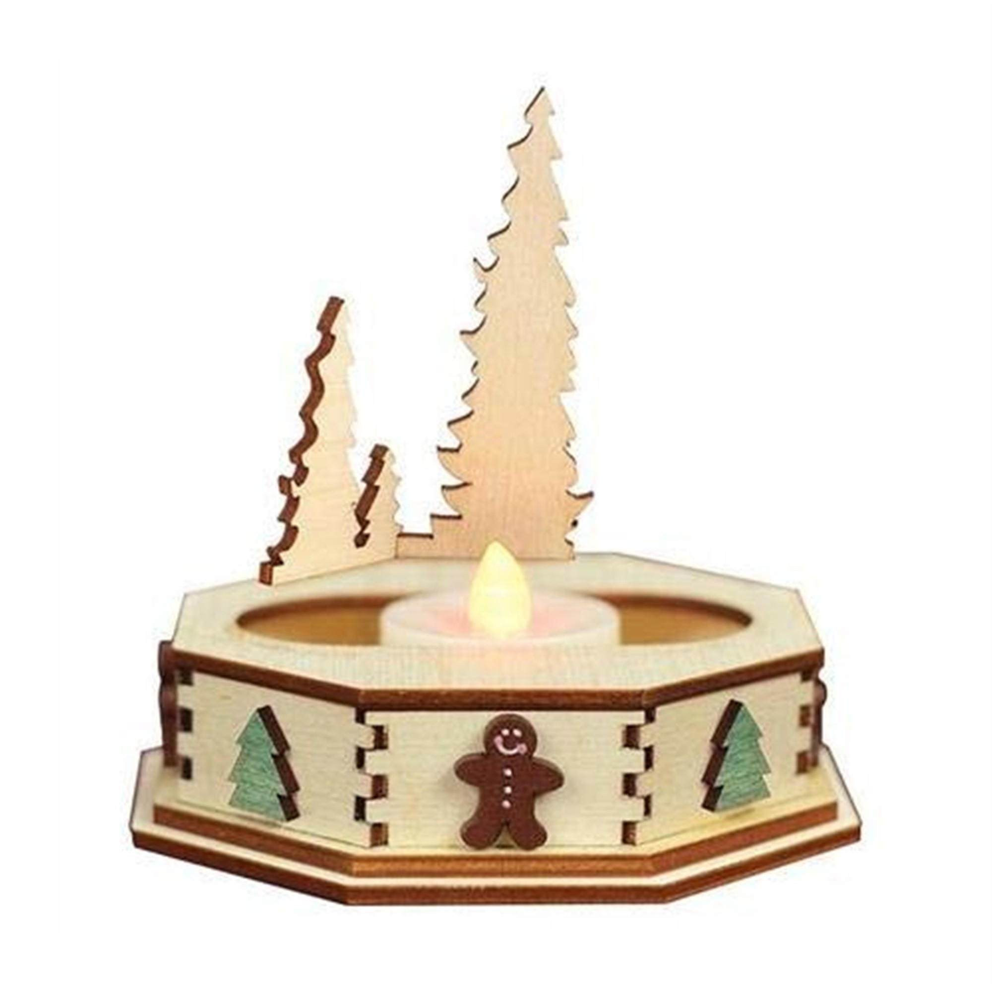 Old World Christmas Wooden Ginger Cottage Battery-Operated Tealight Display, Trees, Small, 4.25"