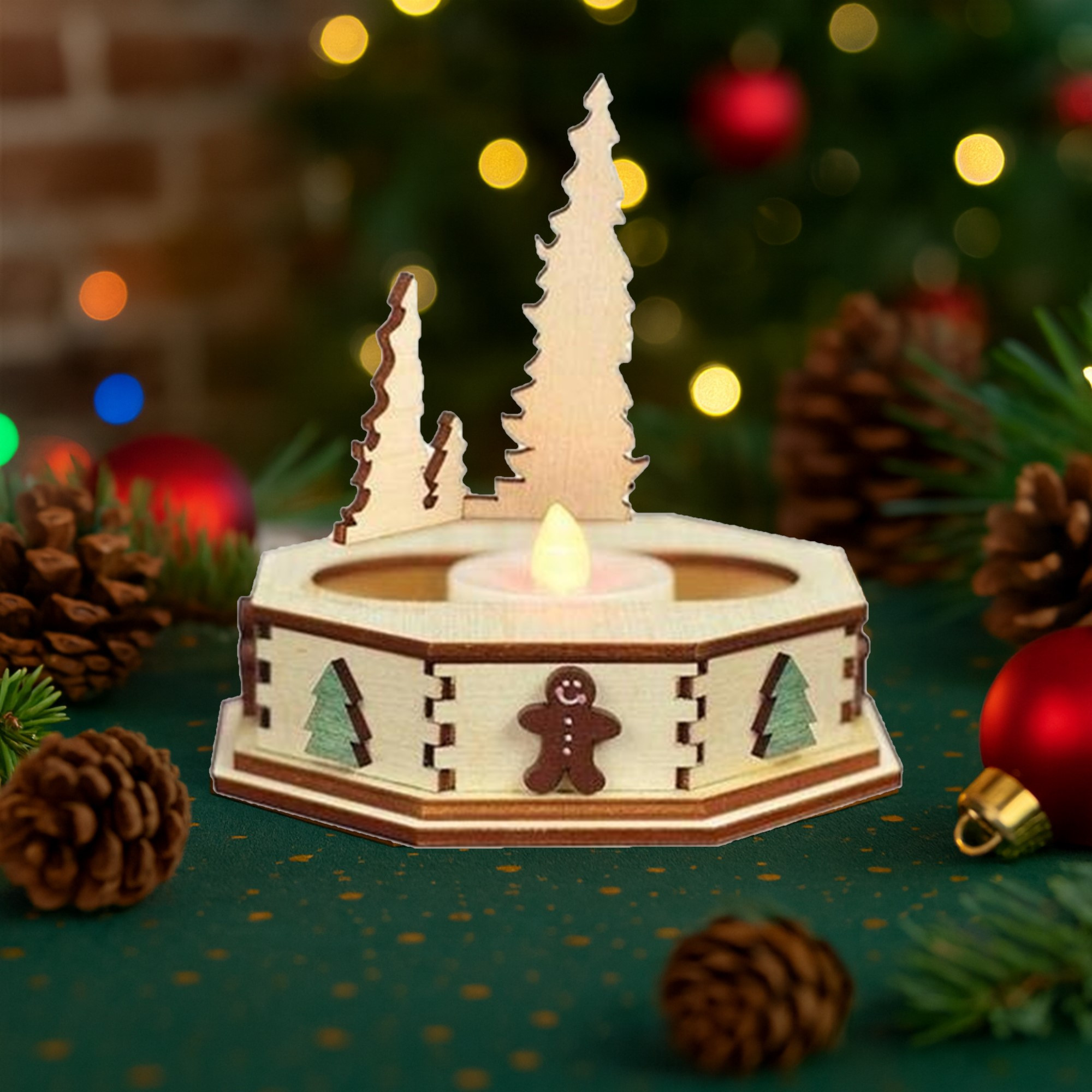 Old World Christmas Wooden Ginger Cottage Battery-Operated Tealight Display, Trees, Small, 4.25"