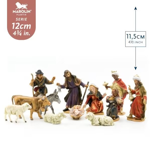 Marolin Manufaktur Plastic Nativity Set – Detailed Hand-Painted Christmas Figures, 4.75" (12 Pieces)