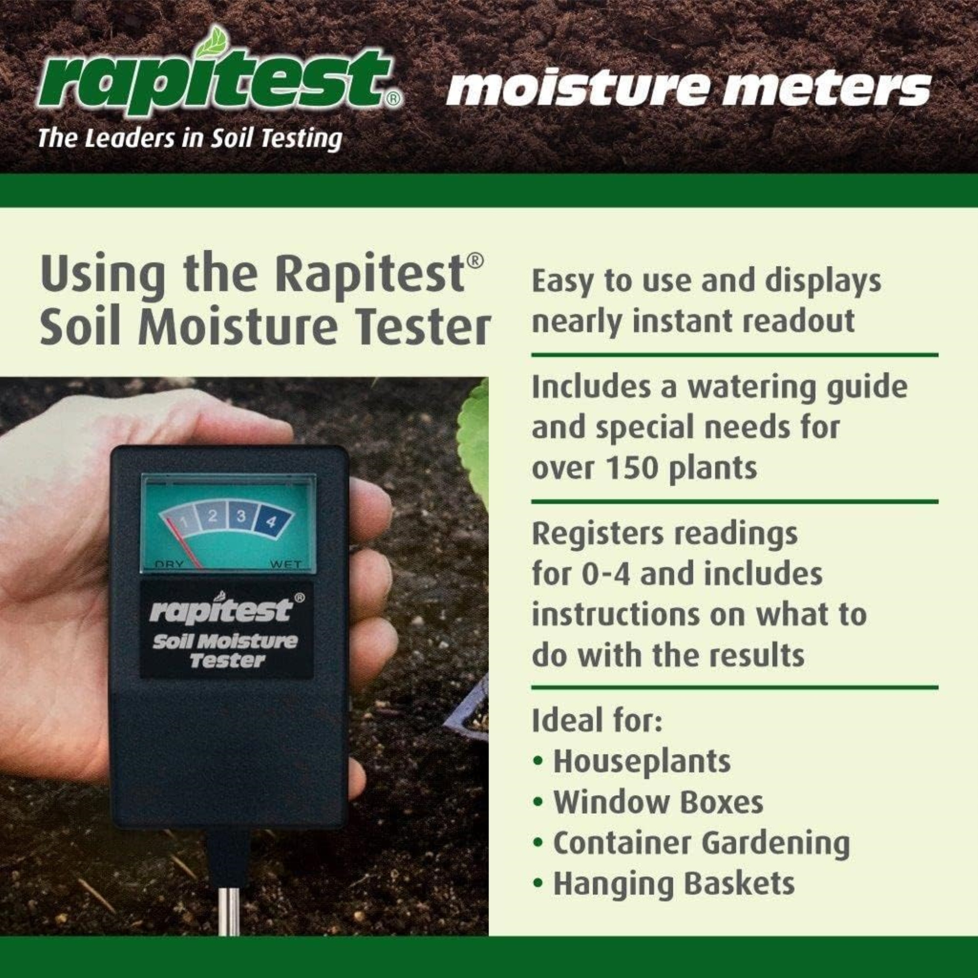 Luster Leaf Rapitest Soil Moisture Tester - Plant Watering Indicator, Prevents Over-watering