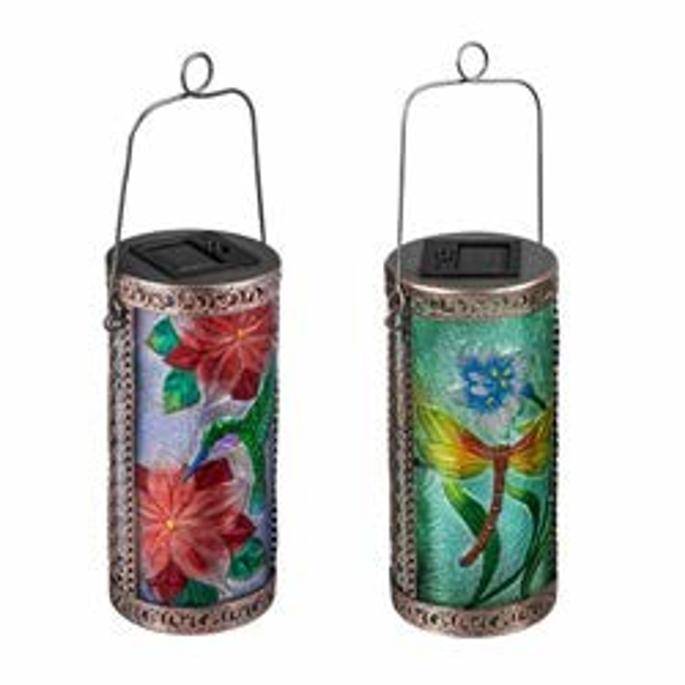 Evergreen Garden Dragonfly and Hummingbird Round Solar Glass Lanterns, Set of 2