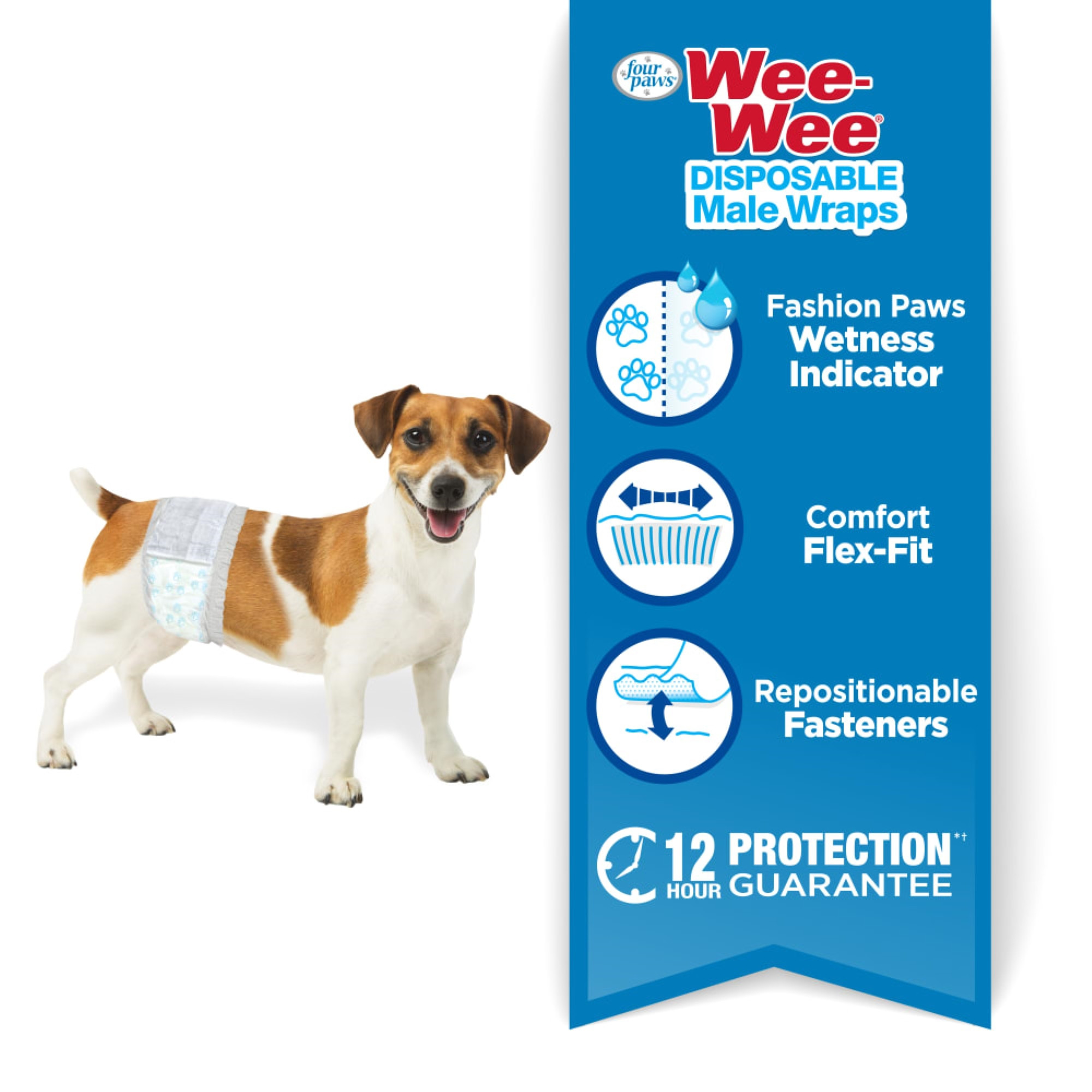 Four Paws Wee-Wee Disposable Male Dog Wraps, X-Small to Small, 12 Wraps