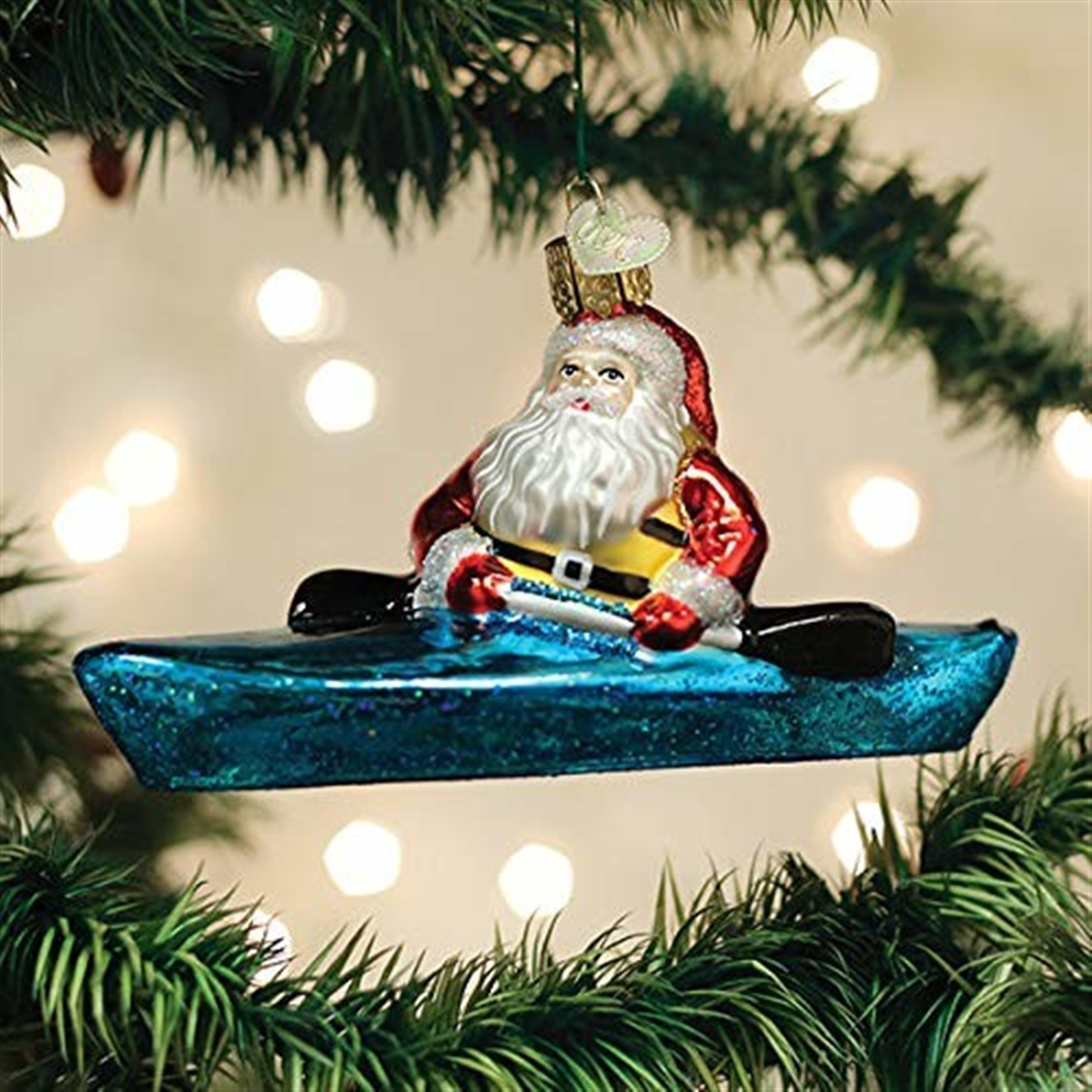 Old World Christmas Glass Blown Ornament, Santa In Kayak (With OWC Gift Box)
