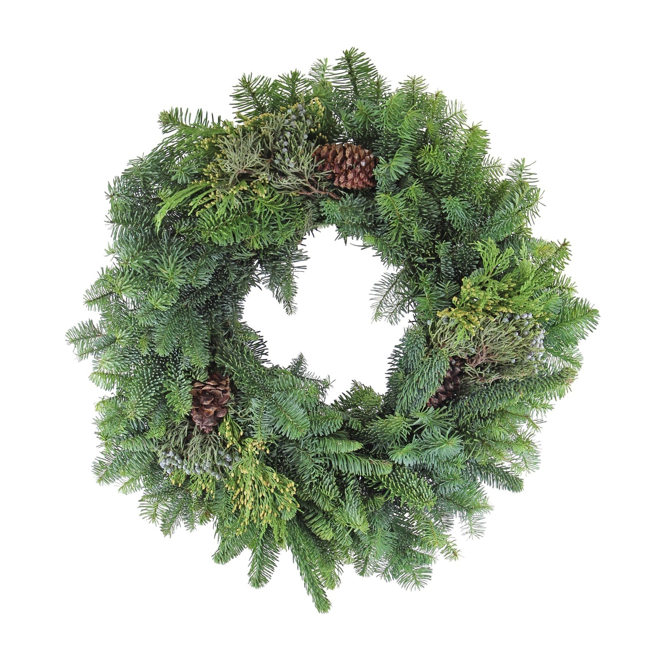 Garden Elements Handmade Fresh Holiday Evergreen Wreath – Mixed Noble Greens with Pine Cones, 24"