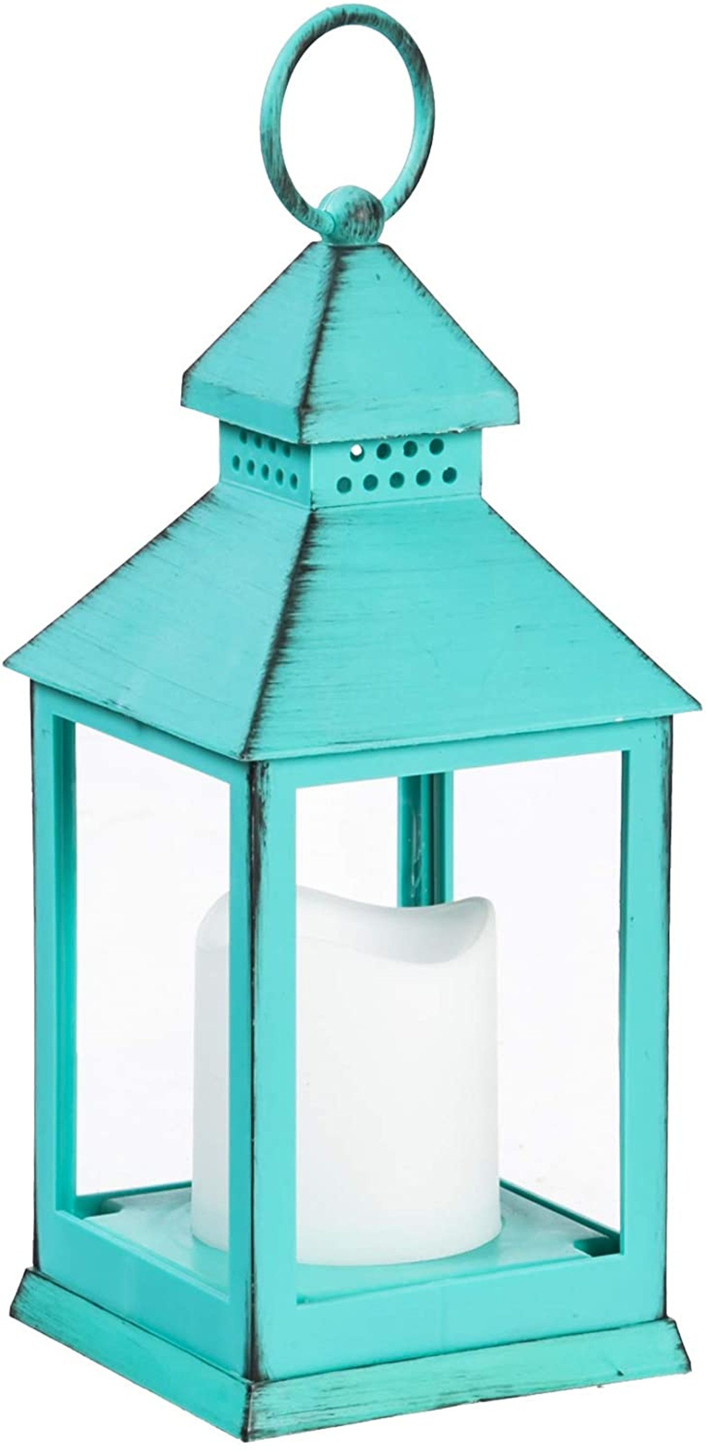 Evergreen Garden Green, Aqua, and Orange Metal and Plastic Outdoor Lanterns with LED Candles, Set of 3