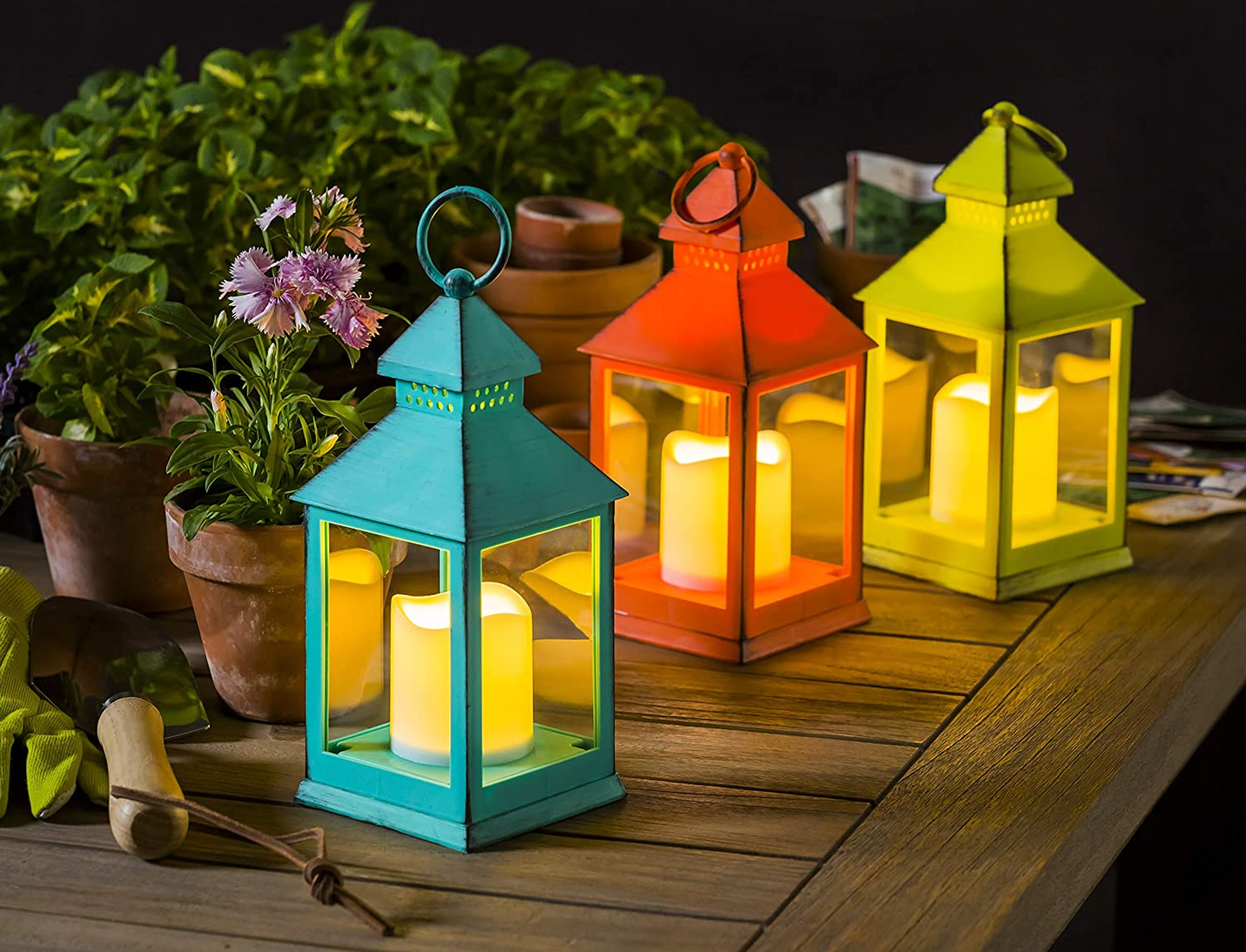 Evergreen Garden Green, Aqua, and Orange Metal and Plastic Outdoor Lanterns with LED Candles, Set of 3
