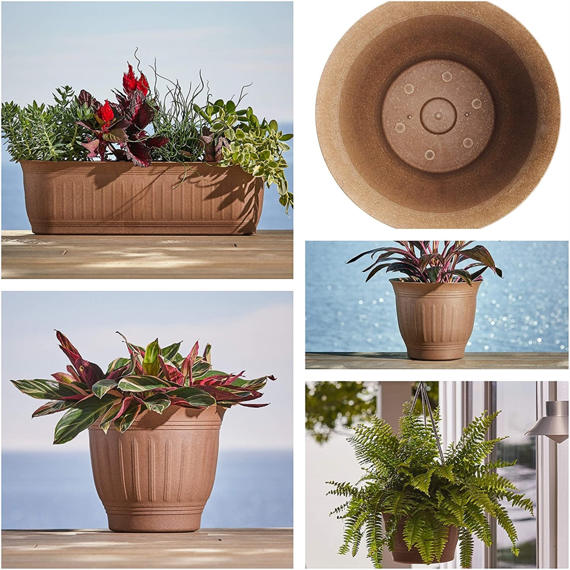 Bloem Colonnade Wood-Resin Planter, Drainage Holes, Earth Brown 12"