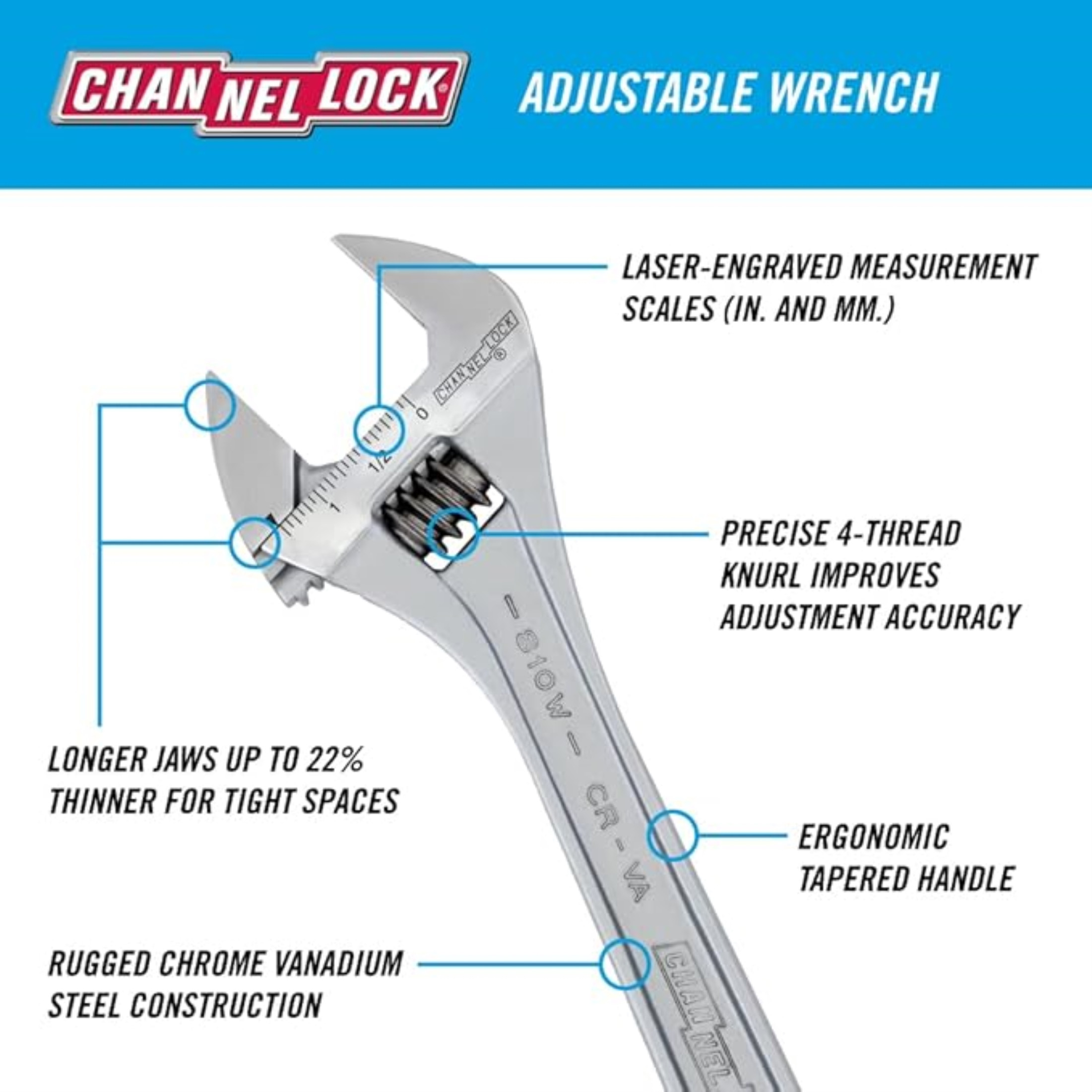Channellock WS-2 Adjustable Chrome Wrench Set with Ergonomic Handles, 6" & 10" (Set of 2) Channellock WS-2 Adjustable Chrome Wrench Set with Ergonomic Handles, 6" & 10" (Set of 2)