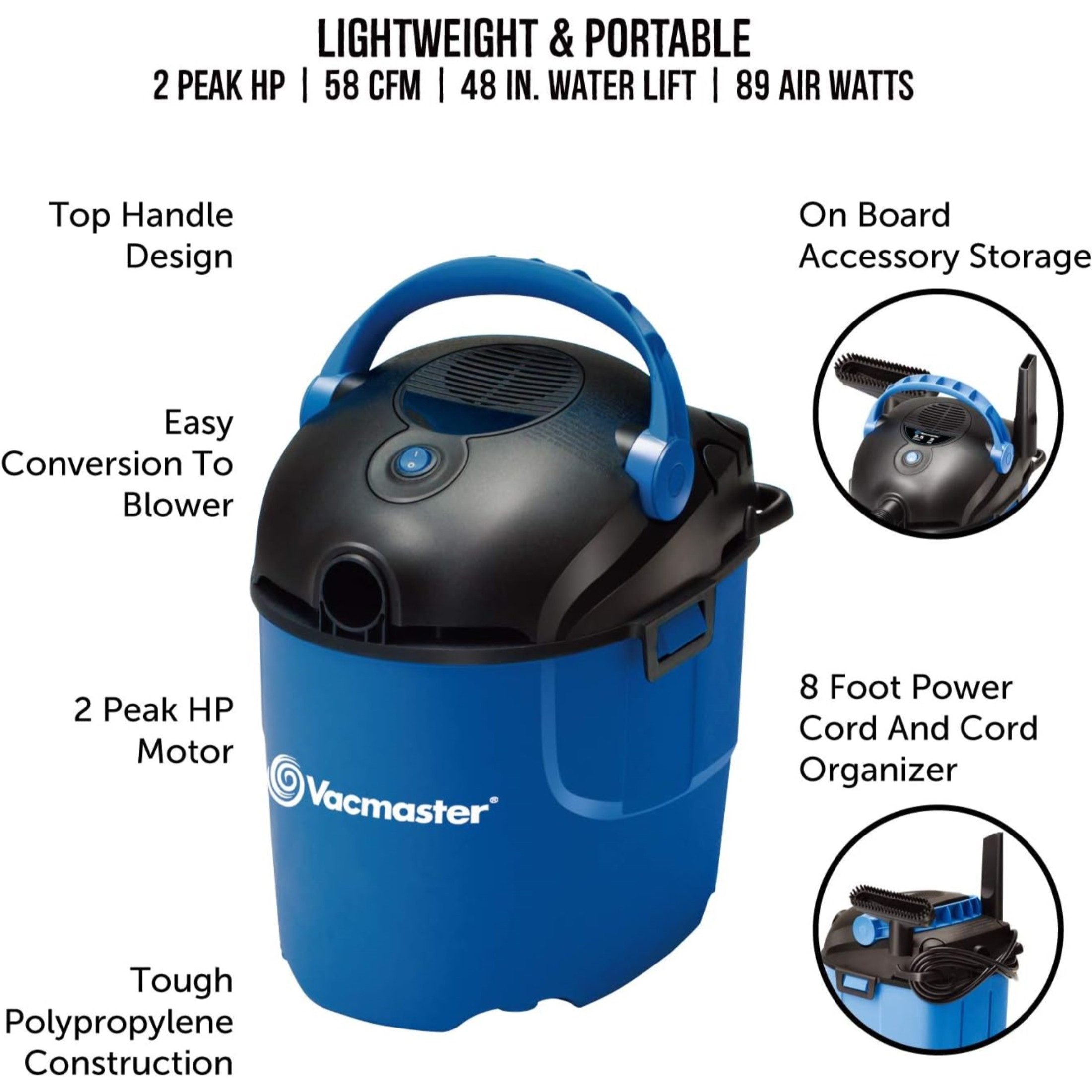 Vacmaster 2.5 Gallon, 2 Peak HP Portable Wet/Dry Shop Vacuum