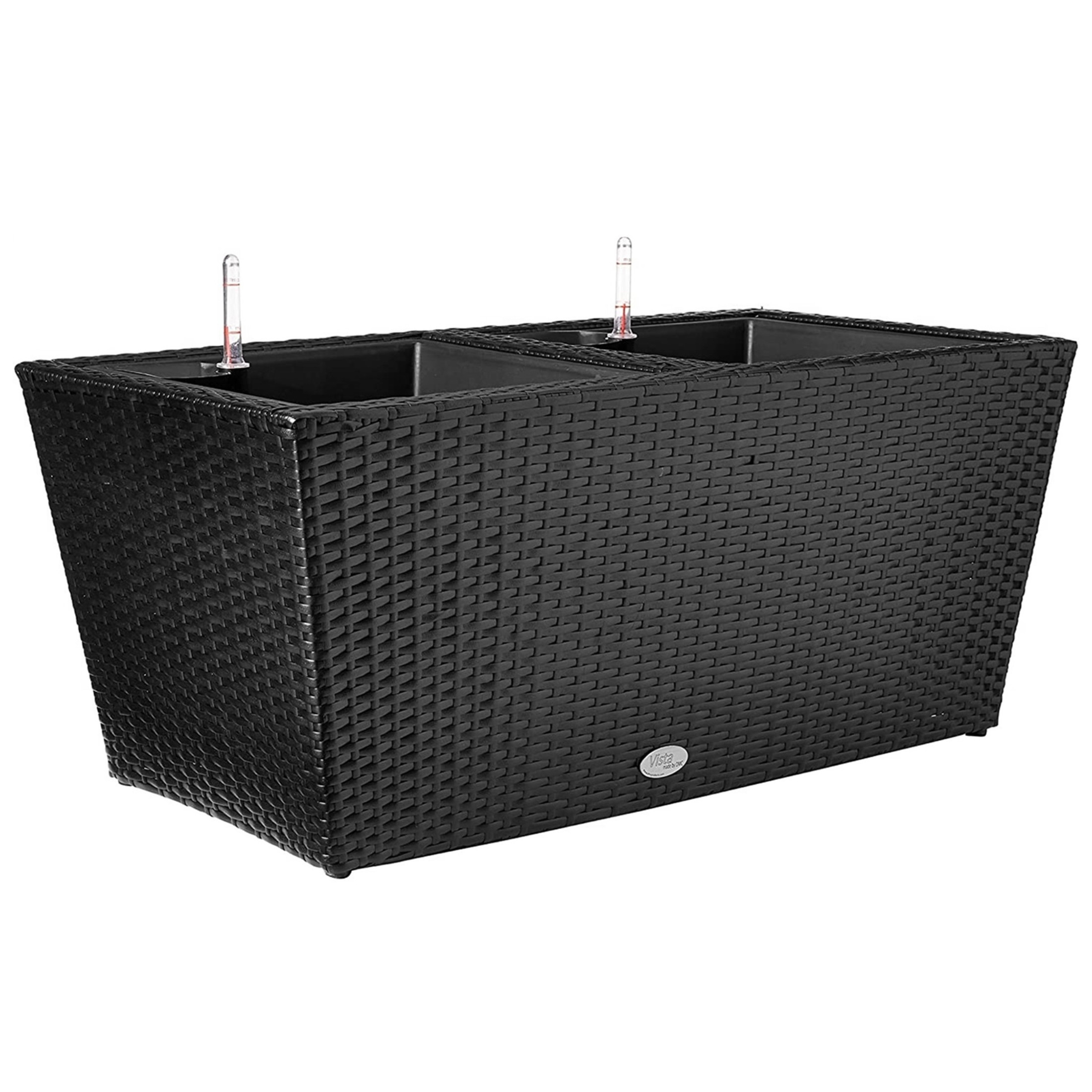 DMC Resin Indoor/Outdoor Rectangular Self-Watering Wicker Vista Planter, Black, 32in DMC Resin Indoor/Outdoor Rectangular Self-Watering Wicker Vista Planter, Black, 32in