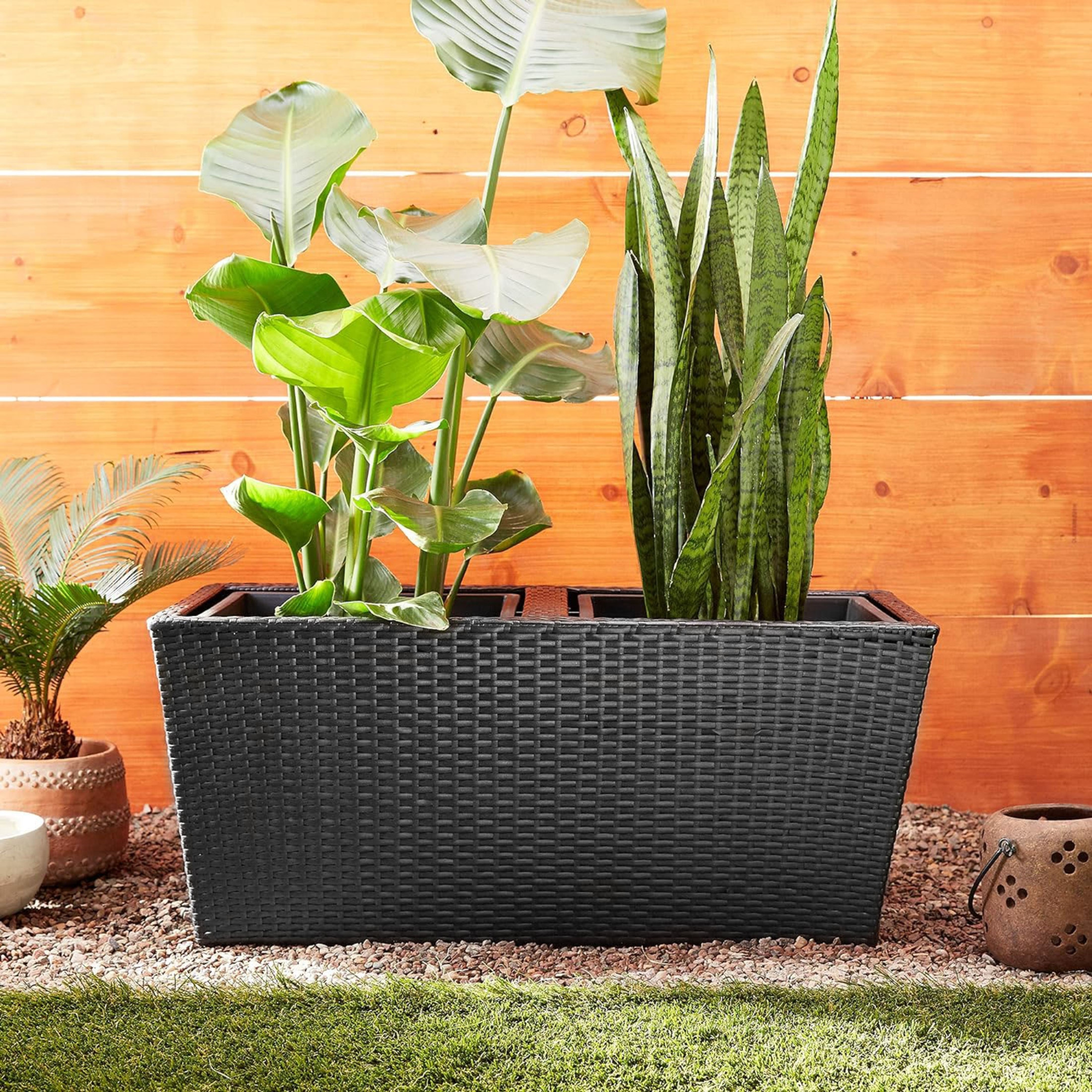 DMC Resin Indoor/Outdoor Rectangular Self-Watering Wicker Vista Planter, Black, 32in DMC Resin Indoor/Outdoor Rectangular Self-Watering Wicker Vista Planter, Black, 32in