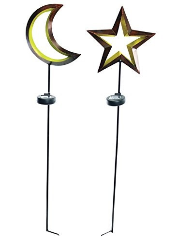 Alpine Solaris Solar Moon & Star Stakes with LED Light (Set of 2)