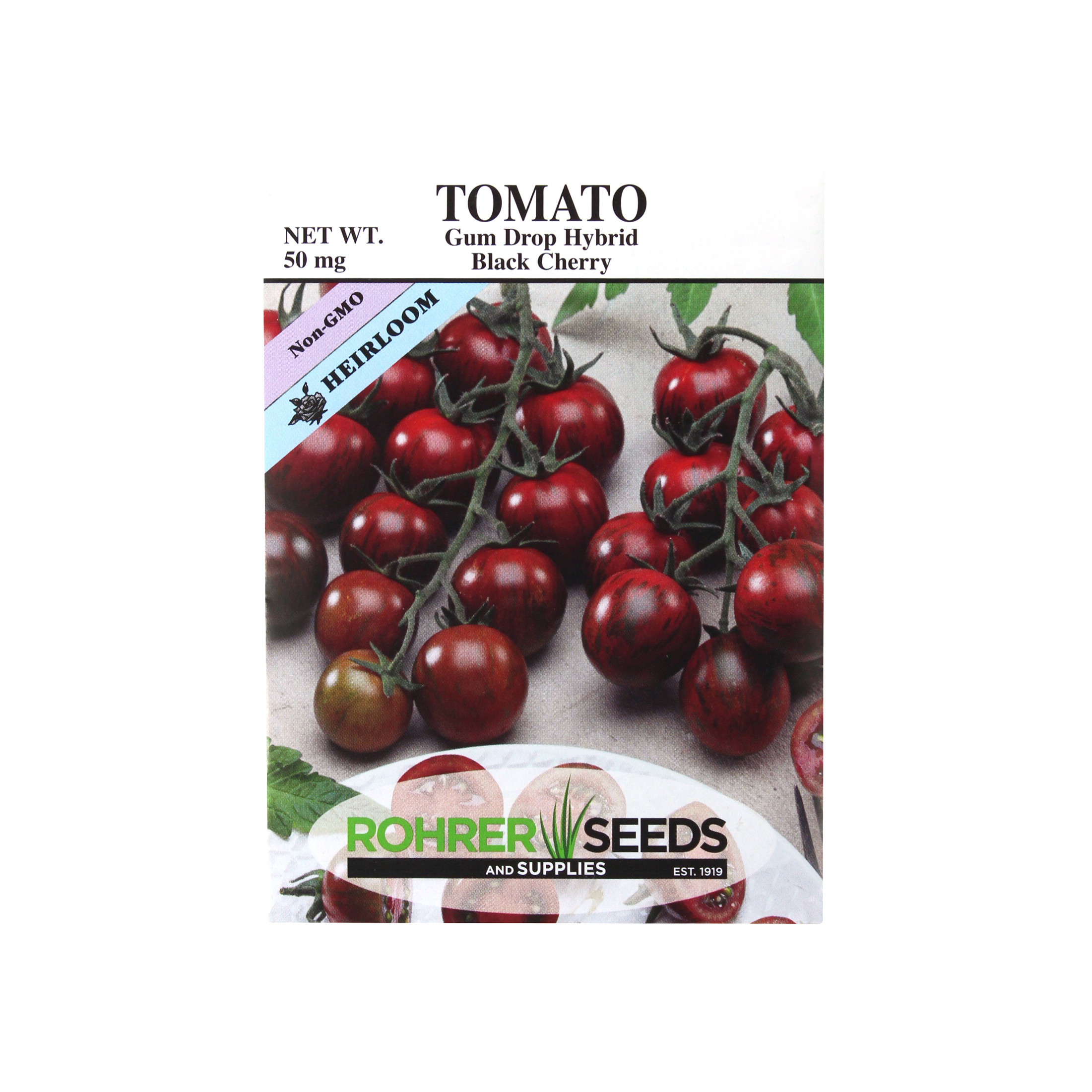 Rohrer Seeds Tomato, Gum Drop Hybrid Black Cherry Heirloom, 50mg, Approx 40 Seeds/Packet