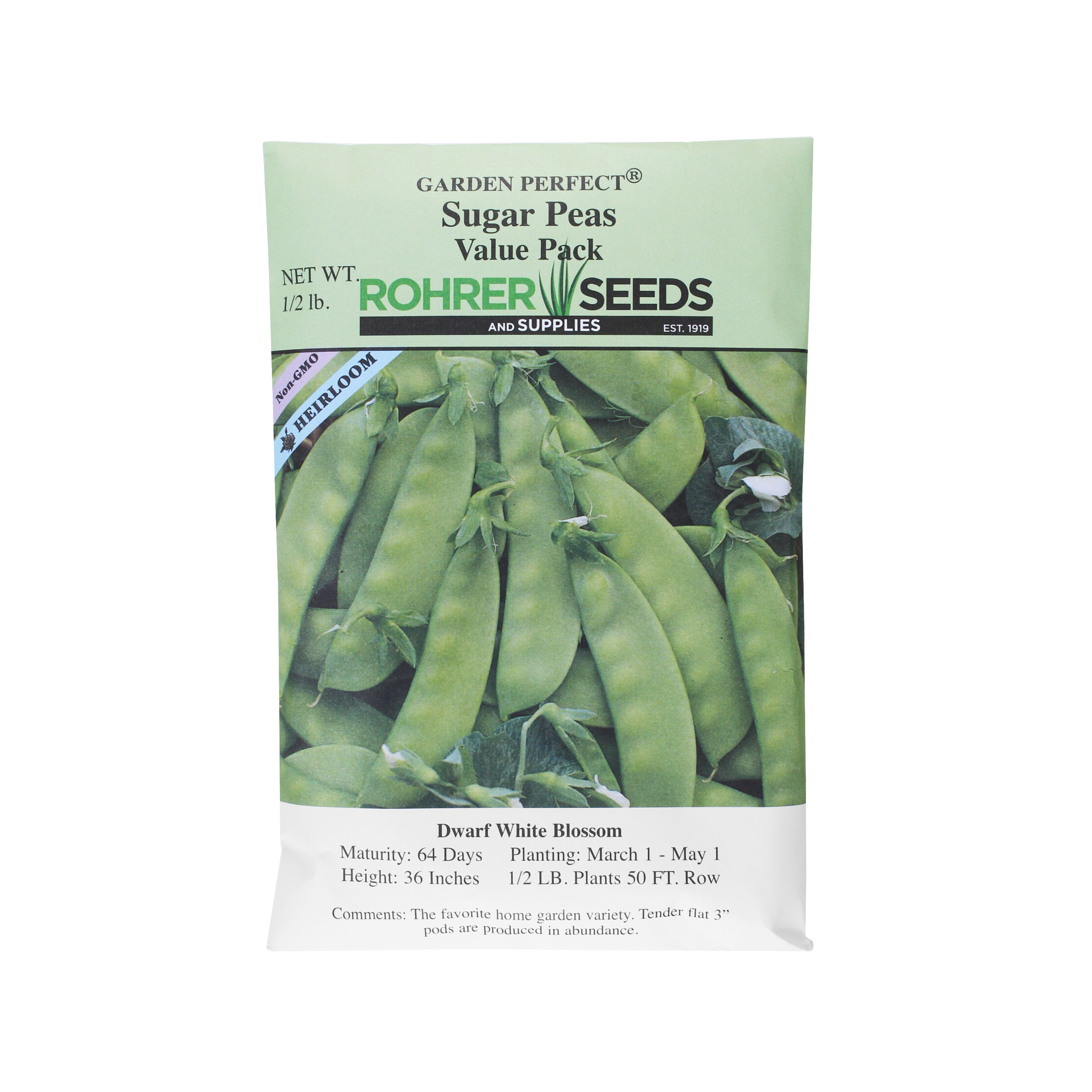 Rohrer Seed Sugar Peas, Dwarf White Blossom, 0.5lb Packet, Plants 50ft Row