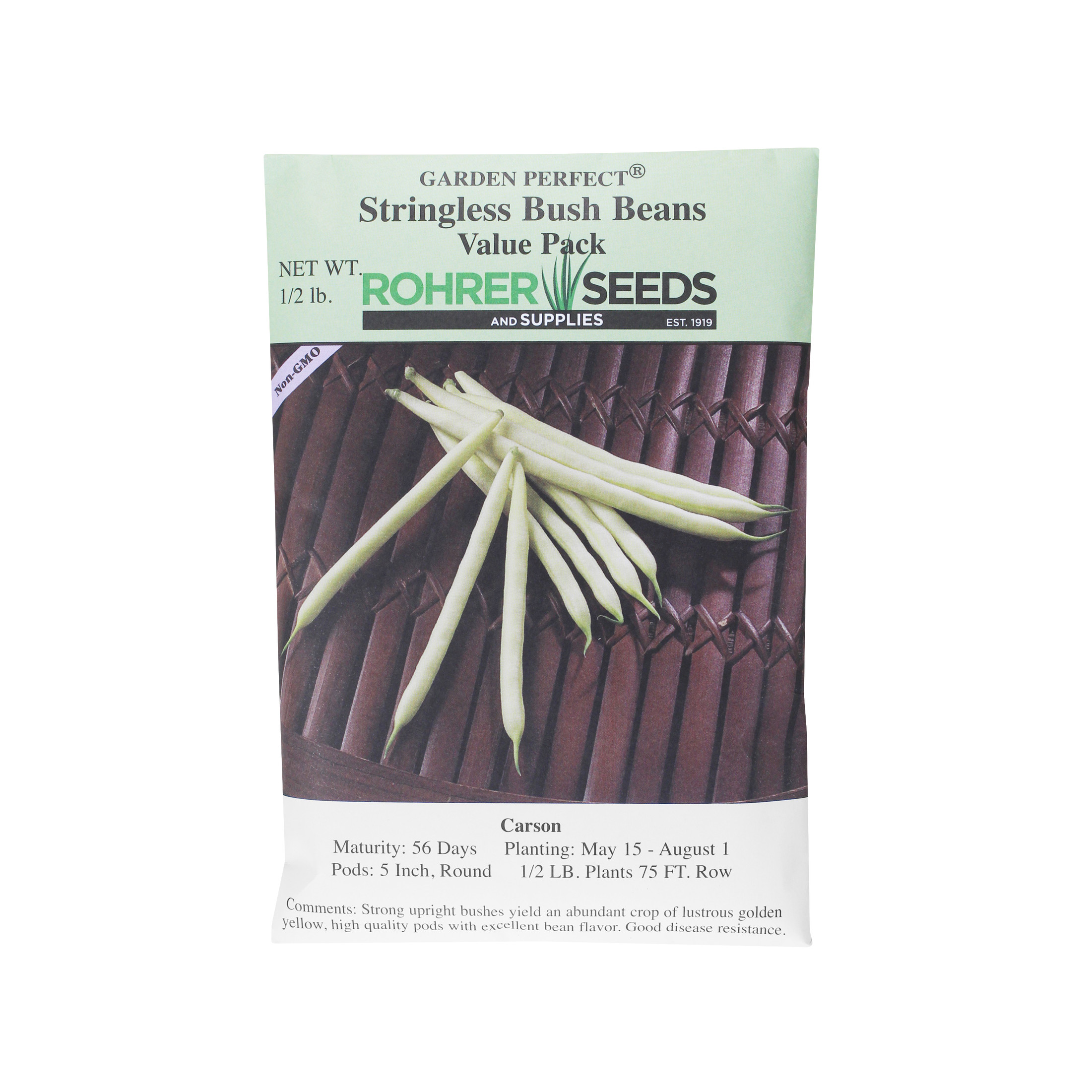 Rohrer Seeds Stringless Bush Beans, Carson Variety, 0.5lb Packet, Plants 75ft Row