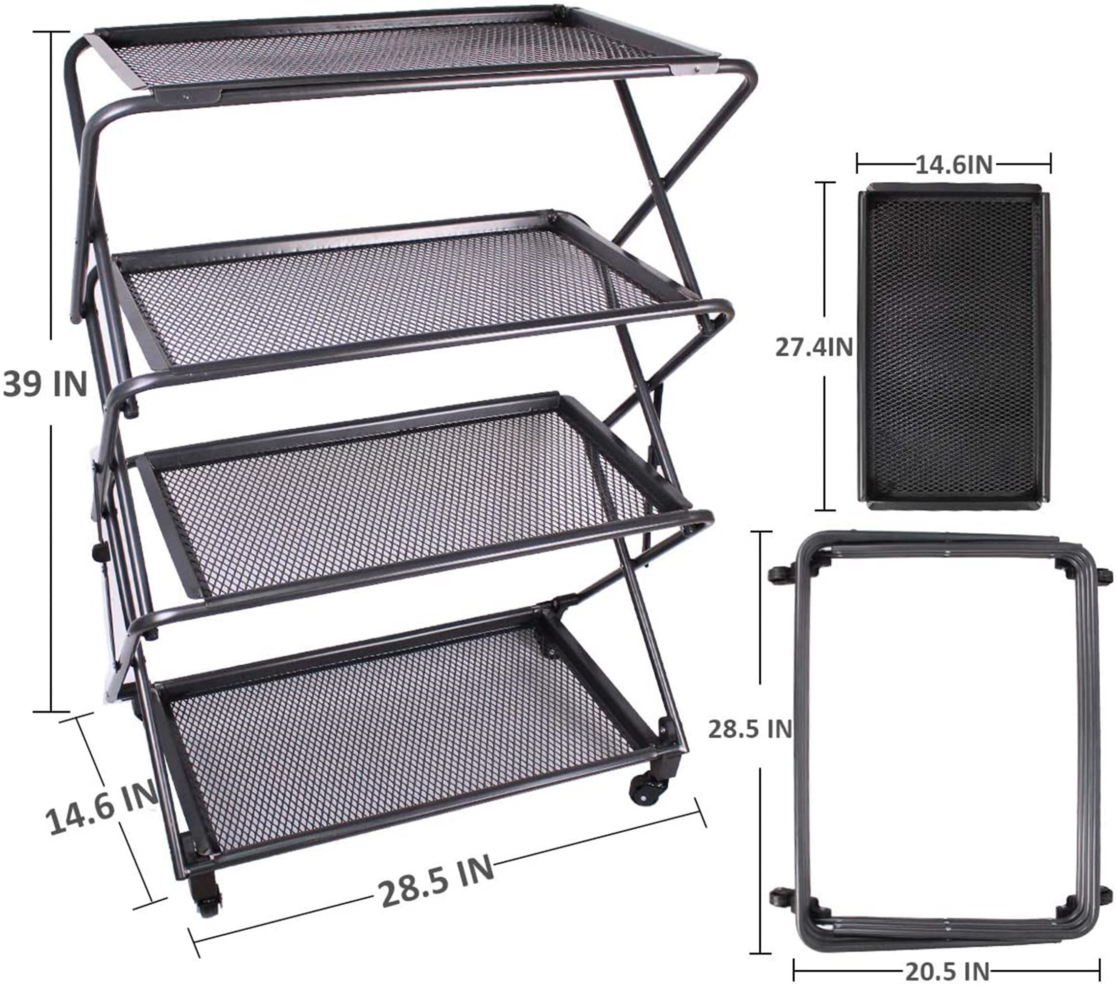 Zenree 4-Tier Folding Multi-Use Shelf, Removable Mesh Trays, Black, 39