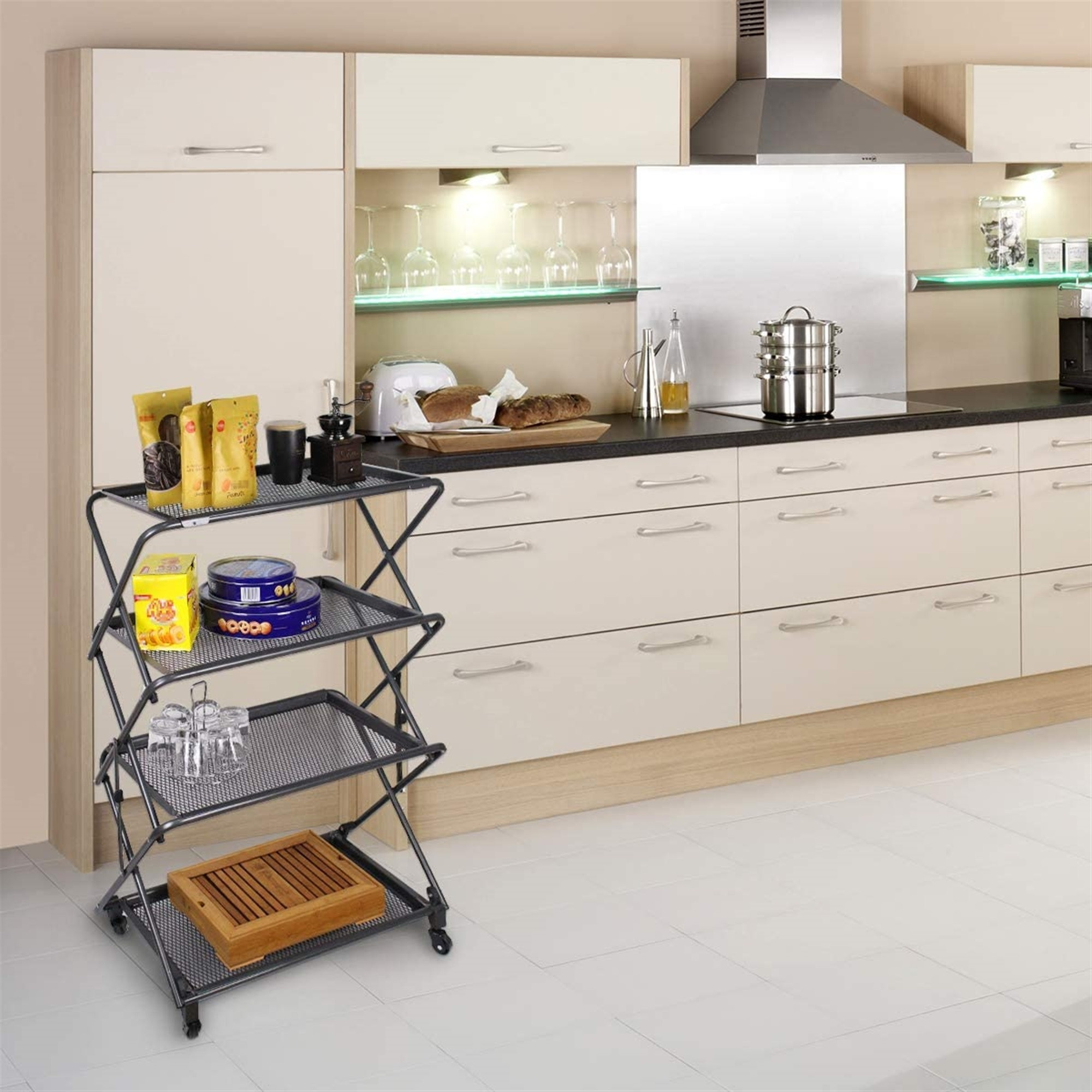 Zenree 4-Tier Foldable Steel Shelf with Casters, Powder-Coated Finish, Removable Mesh Trays, 39"H