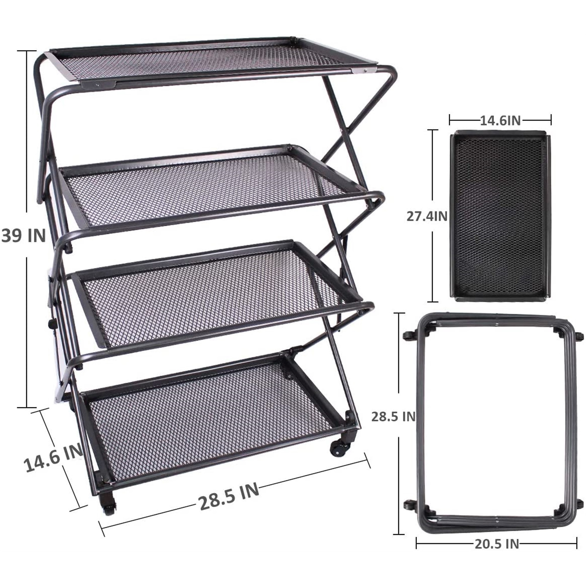 Zenree 4-Tier Foldable Steel Shelf with Casters, Powder-Coated Finish, Removable Mesh Trays, 39"H