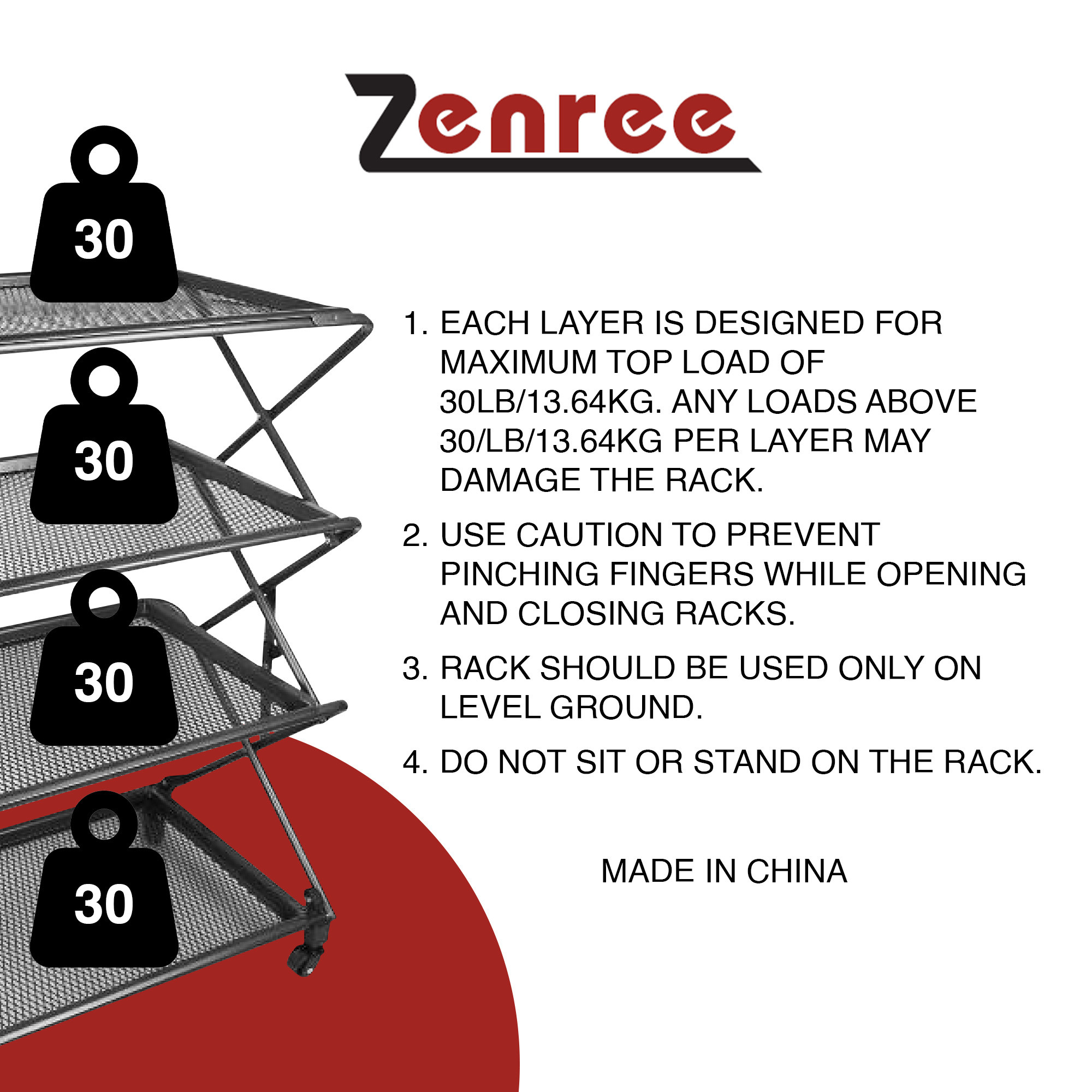 Zenree 4-Tier Foldable Steel Shelf with Casters, Powder-Coated Finish, Removable Mesh Trays, 39"H
