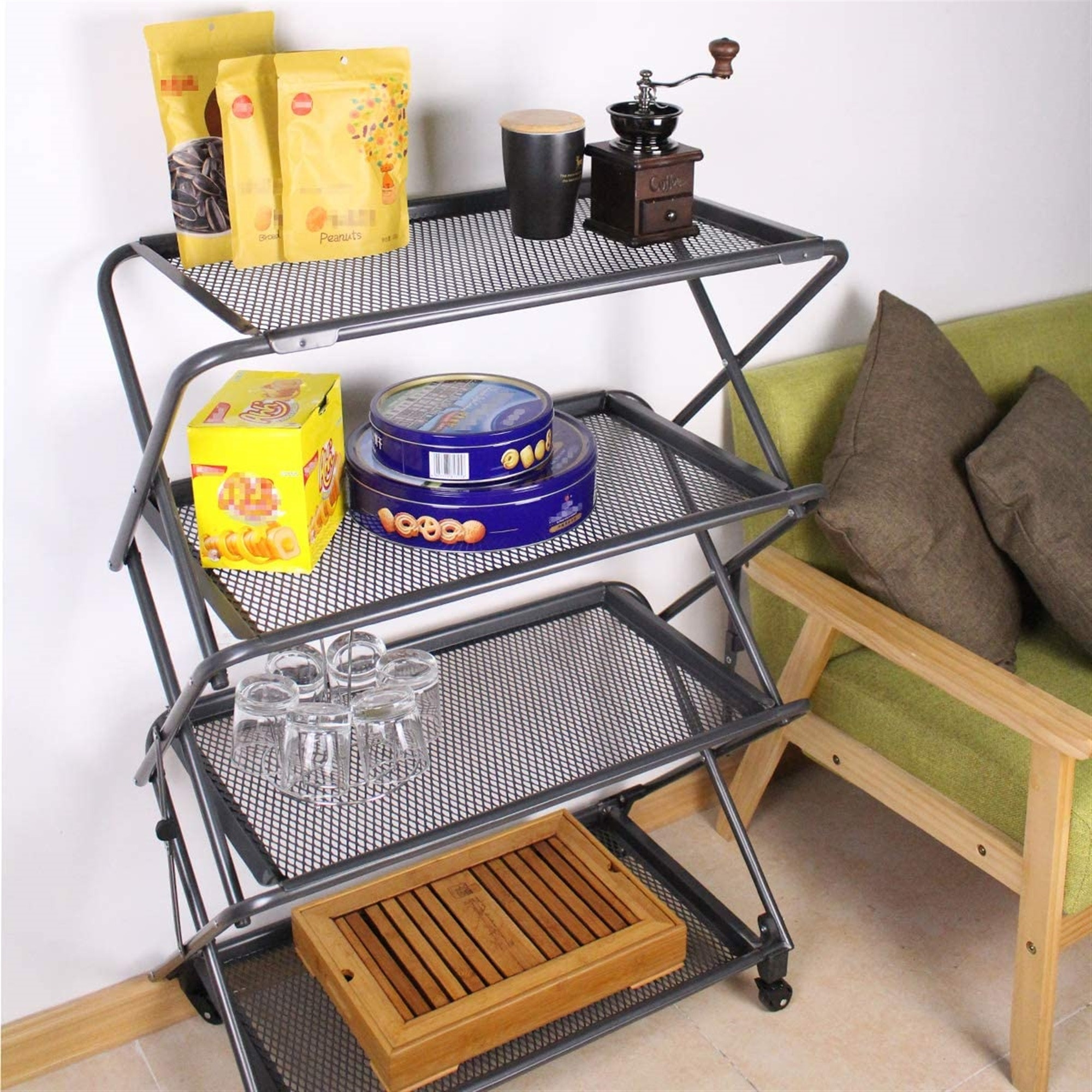 Zenree 4-Tier Foldable Powder-Coated Steel Shelf with Casters, 39” Tall