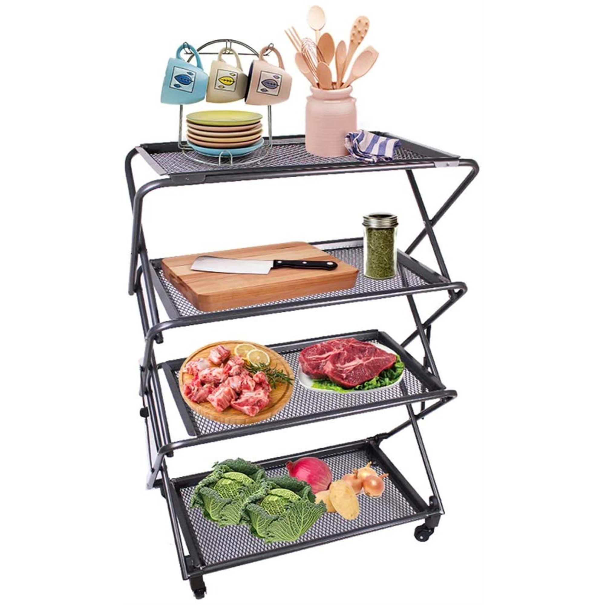 Zenree 4-Tier Foldable Powder-Coated Steel Shelf with Casters, 39” Tall