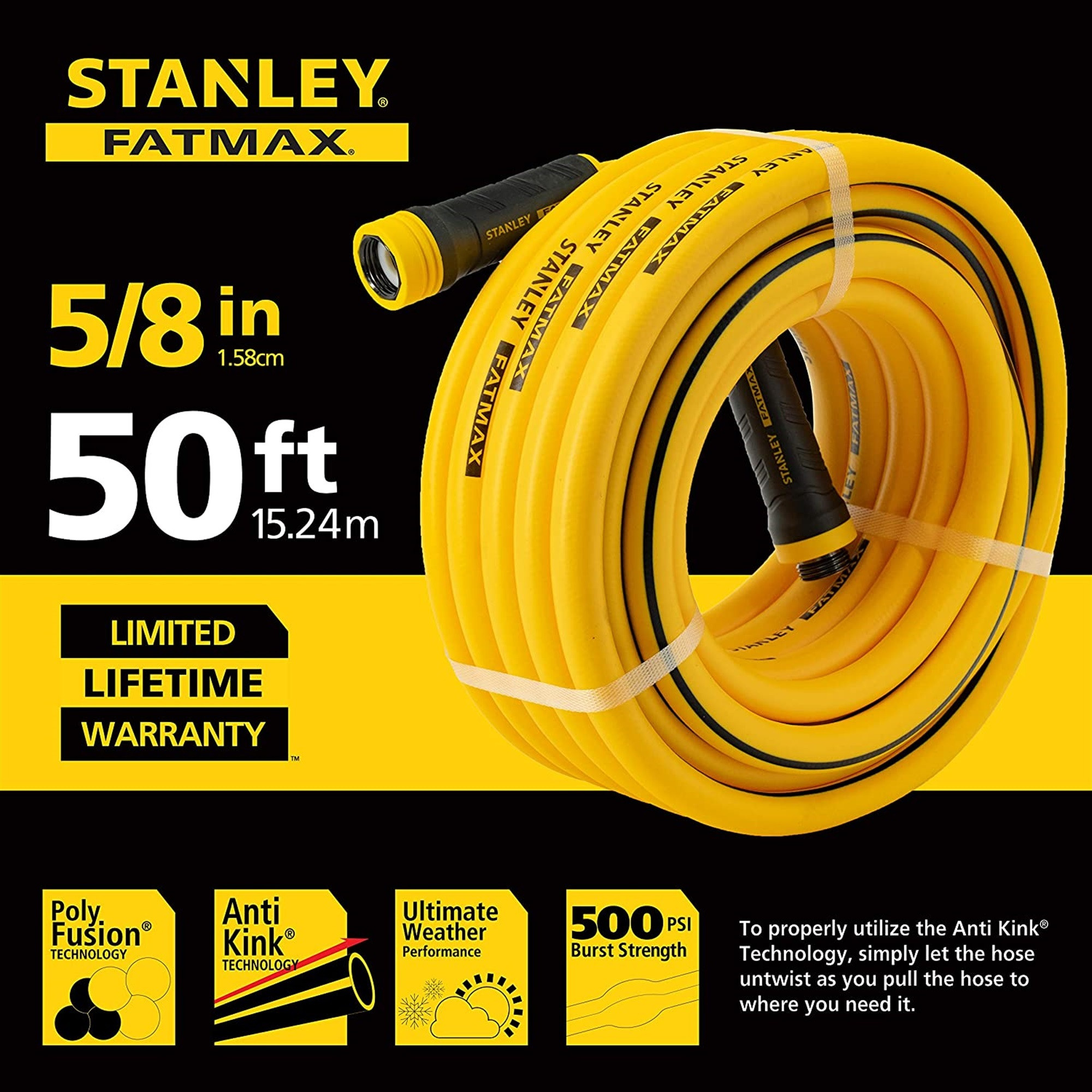 Stanley Fatmax Professional Grade Water Hose, 50' x 5/8, Yellow 500 PSI
