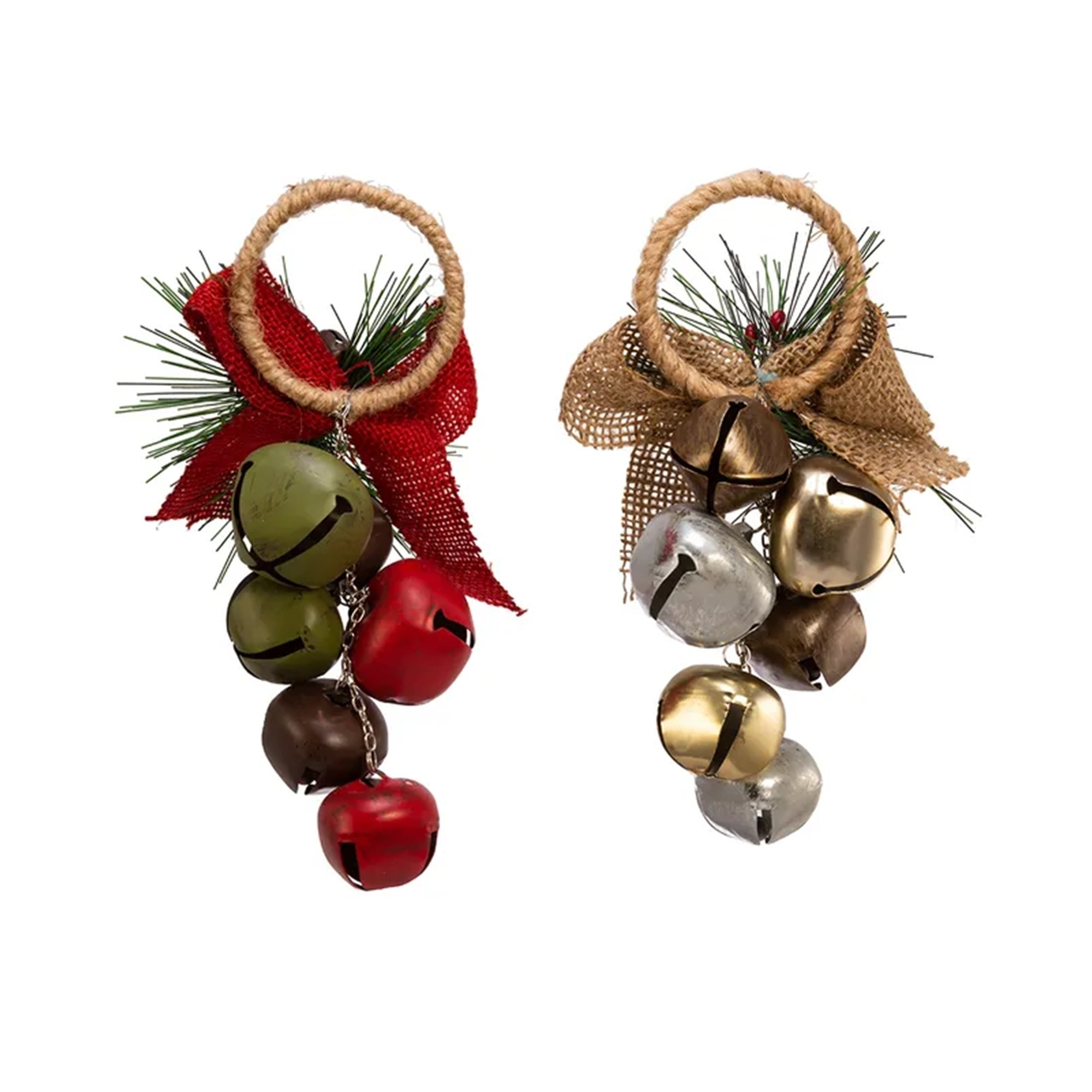 Kurt Adler Metal Grapes Jingle Bell Door Hangers with Burlap Bows & Greens, 8" Assorted (Set of 2)