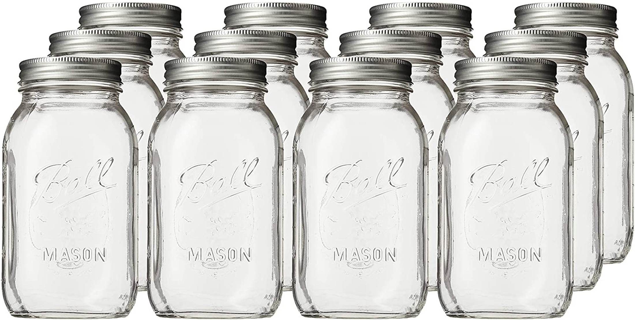 Choice 32 oz. Quart Wide Mouth Glass Canning / Mason Jar with Silver Metal  Lid and Band - 12/Pack