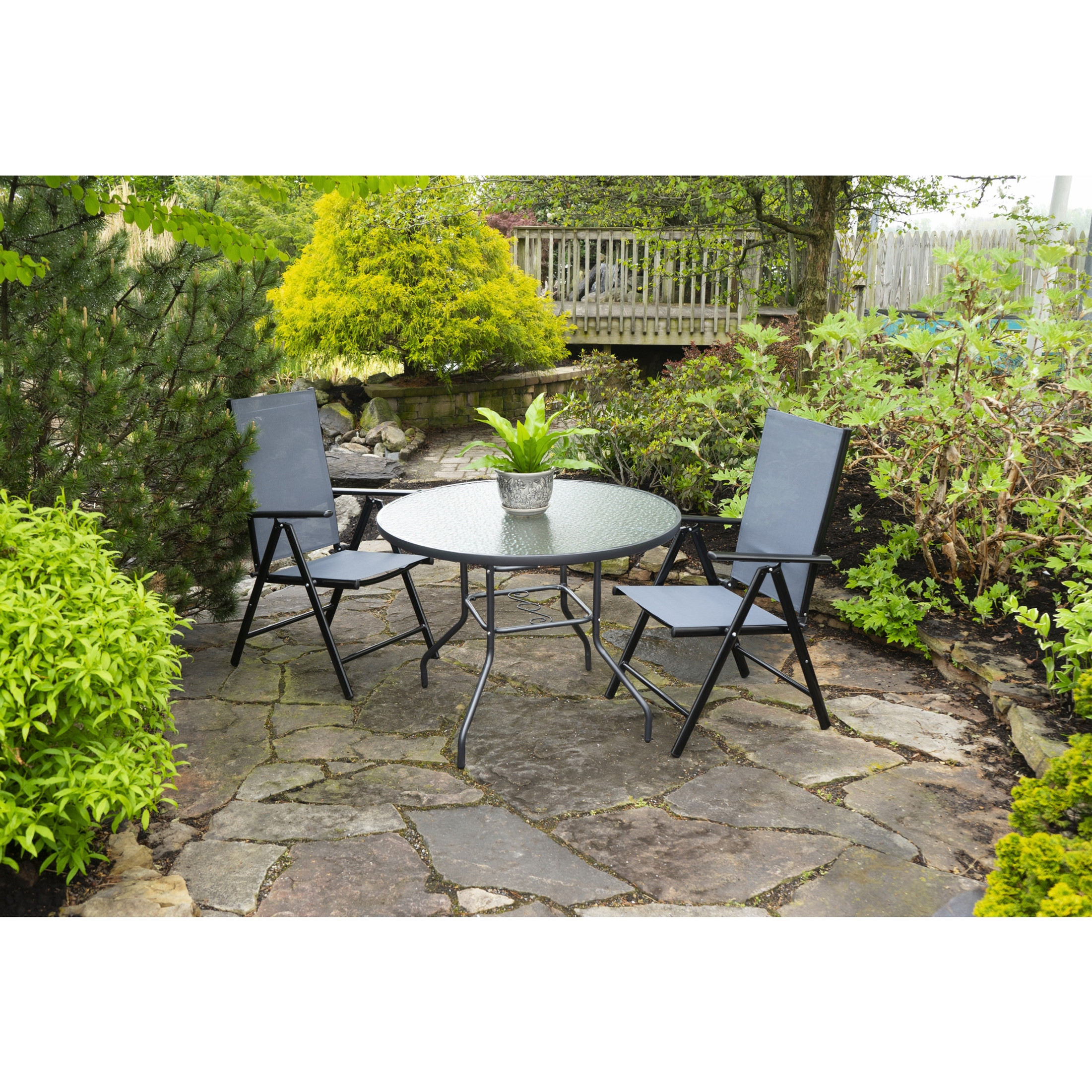 Garden Elements Sienna Outdoor Collection 5 Piece Patio Set, Glass Top Steel Table and 4 Chairs (Gray)