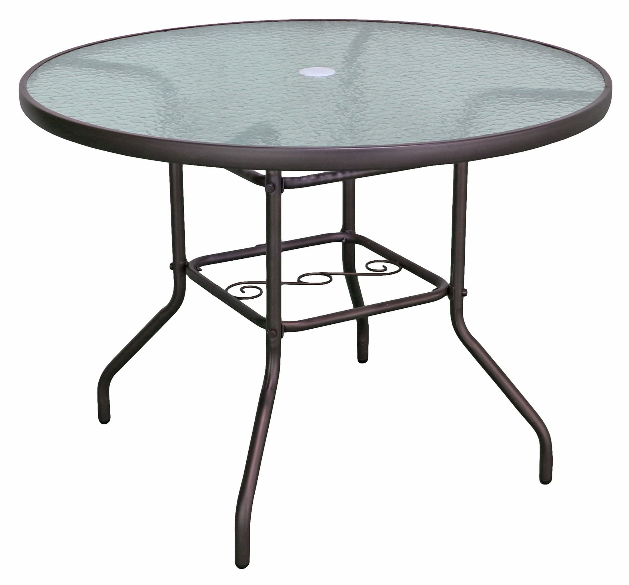 Garden Elements Outdoor Dining Table Patio Furniture, Round Steel Base and Rim with Waterwave Glass Top, Brown, 40"