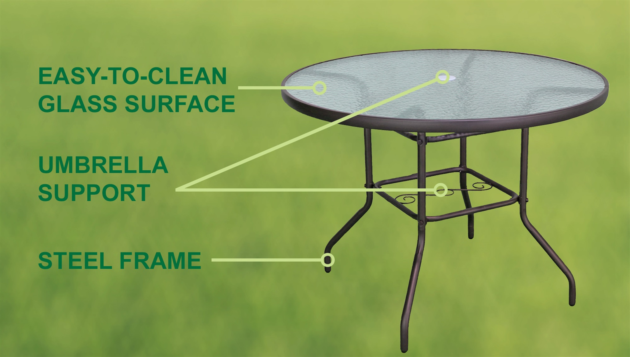 Garden Elements Outdoor Dining Table Patio Furniture, Round Steel Base and Rim with Waterwave Glass Top, Brown, 40"