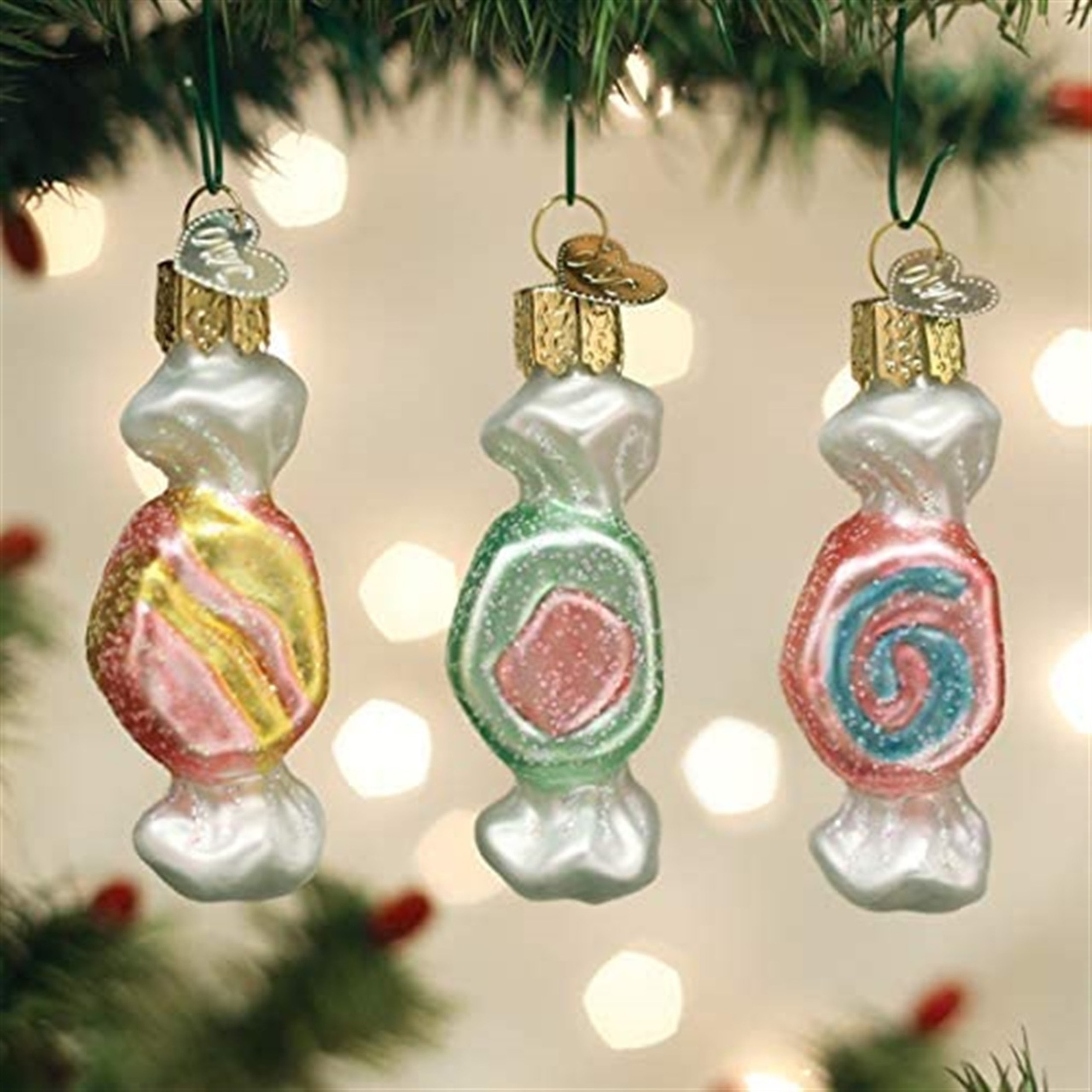 Old World Christmas Glass Blown Ornament with OWC Gift Box, Salt Water Taffy (Pack of 3)