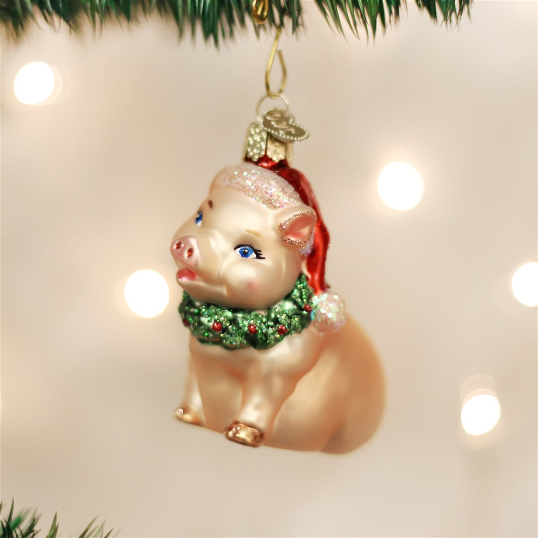 Old World Christmas Glass Blown Ornament, Holly Pig (With OWC Gift Box)