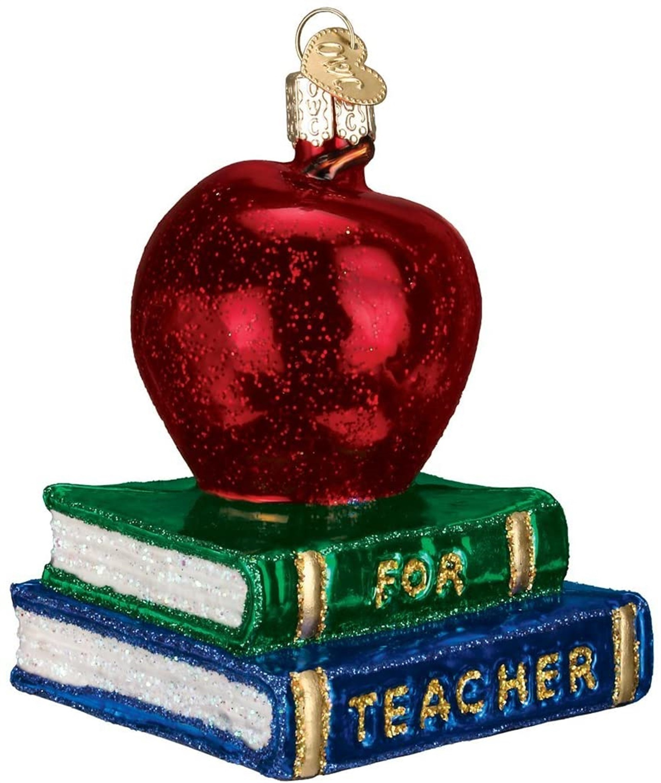Old World Christmas Glass Blown Christmas Ornament, Teacher's Apple (With OWC Gift Box)