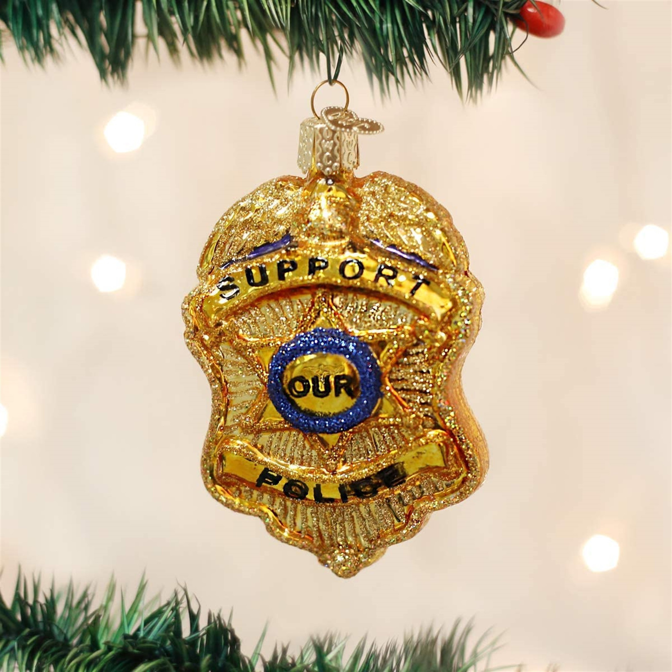 Old World Christmas Glass Blown Ornament for Christmas Tree, Police Badge (With OWC Gift Box)