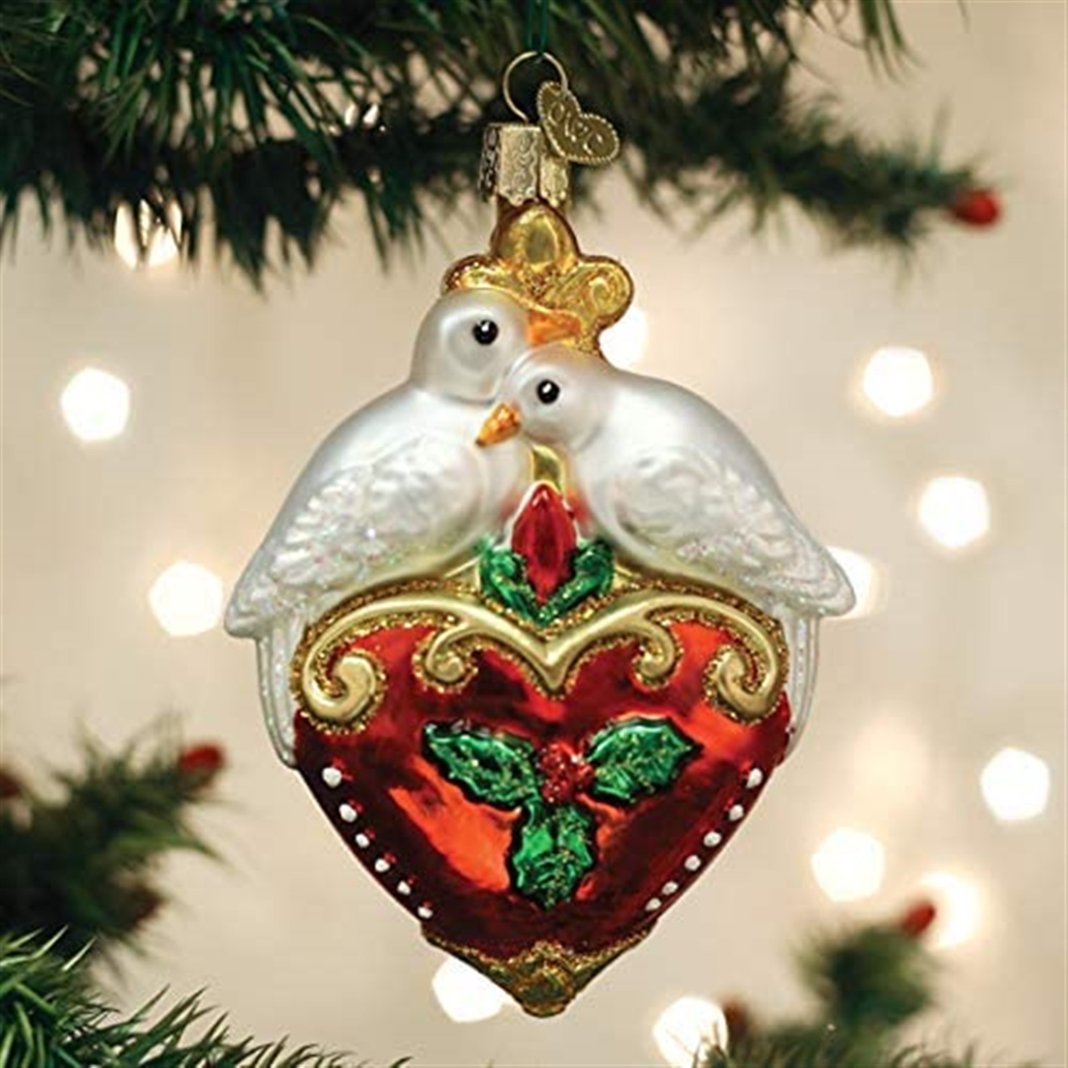 Old World Christmas Glass Blown Ornament for Christmas Tree, Two Turtle Doves