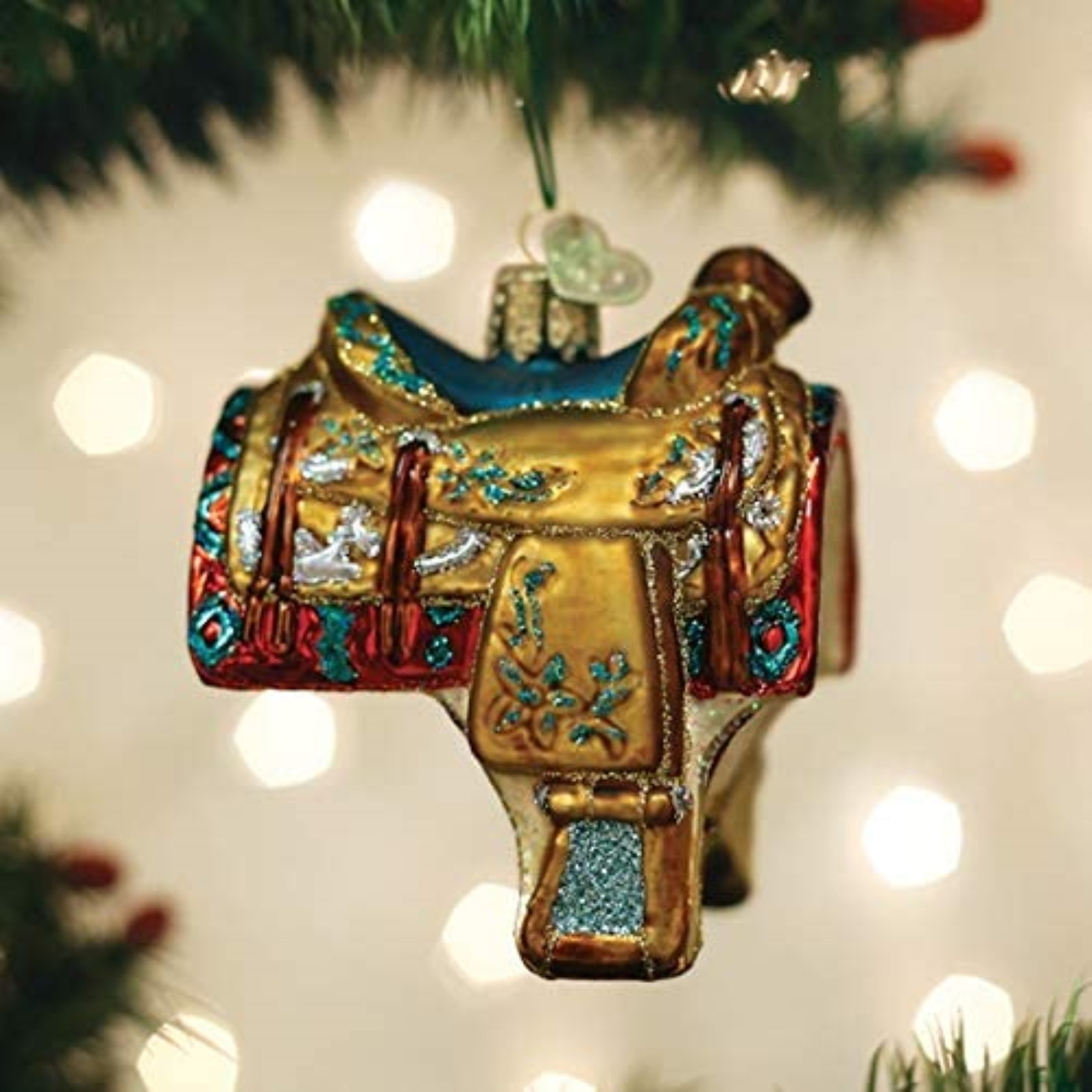 Old World Christmas Glass Blown Ornament, Western Saddle 3.5" (With OWC Gift Box)