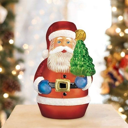 Old World Christmas Glass Tabletop Figurine, Santa Holding Tree Tea Light Candle Holder, 6.5"