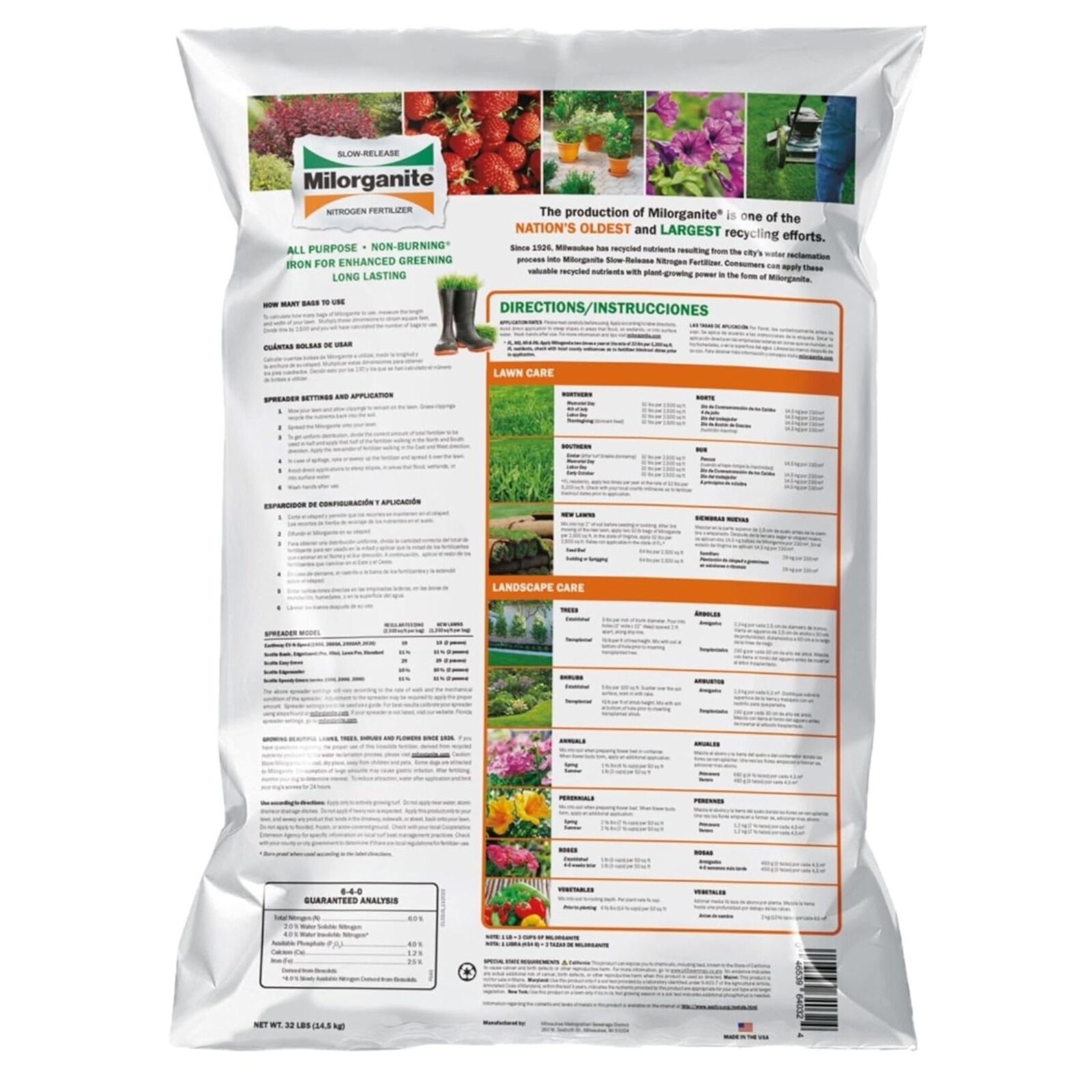 Milorganite All-Purpose Eco-Friendly Slow-Release Nitrogen 6-4-0 Fertilizer, 32 Pound Bag - for Lawns, Flowers, and Gardens