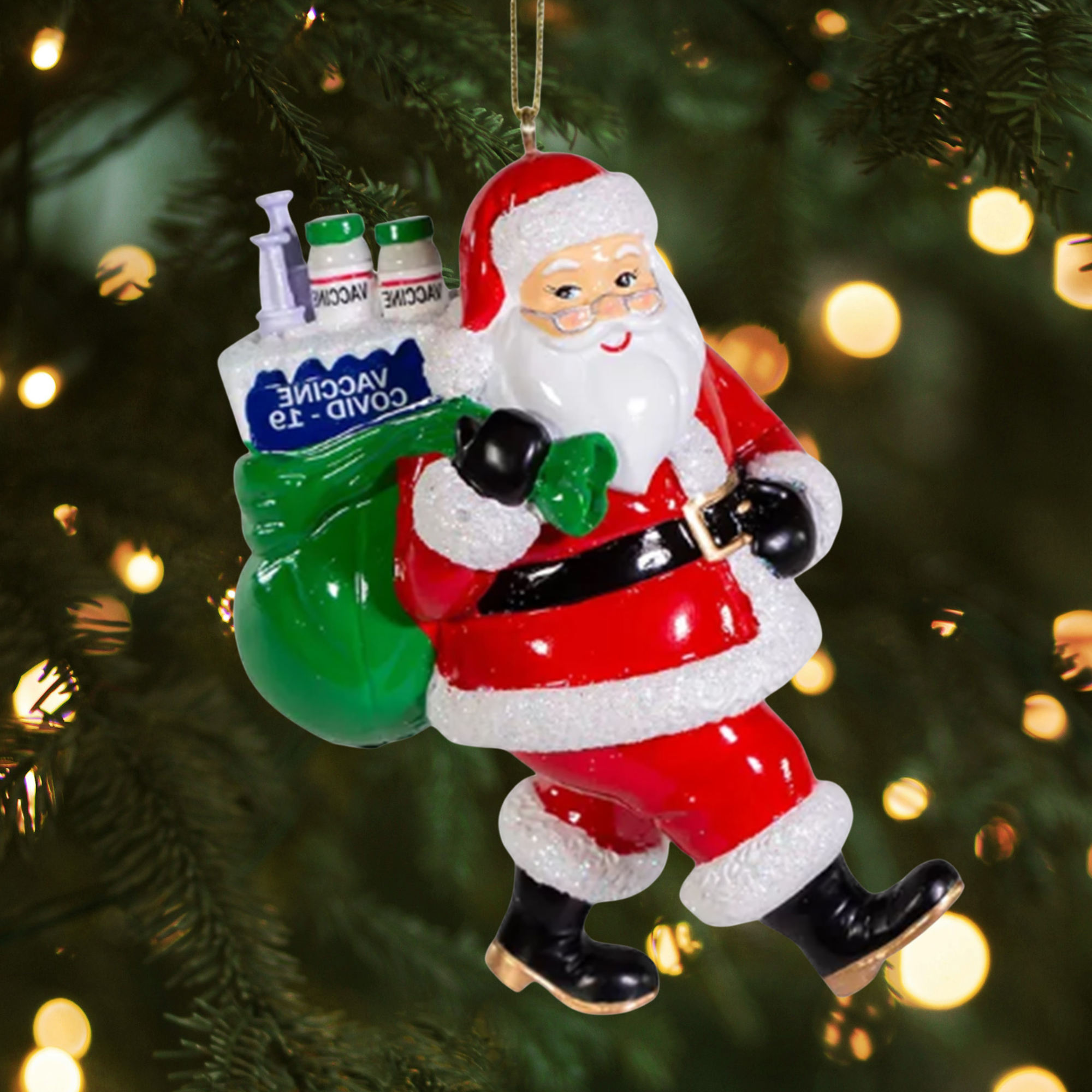 Kurt Adler Resin Ornament for Christmas Tree, Santa with Vaccine Presents