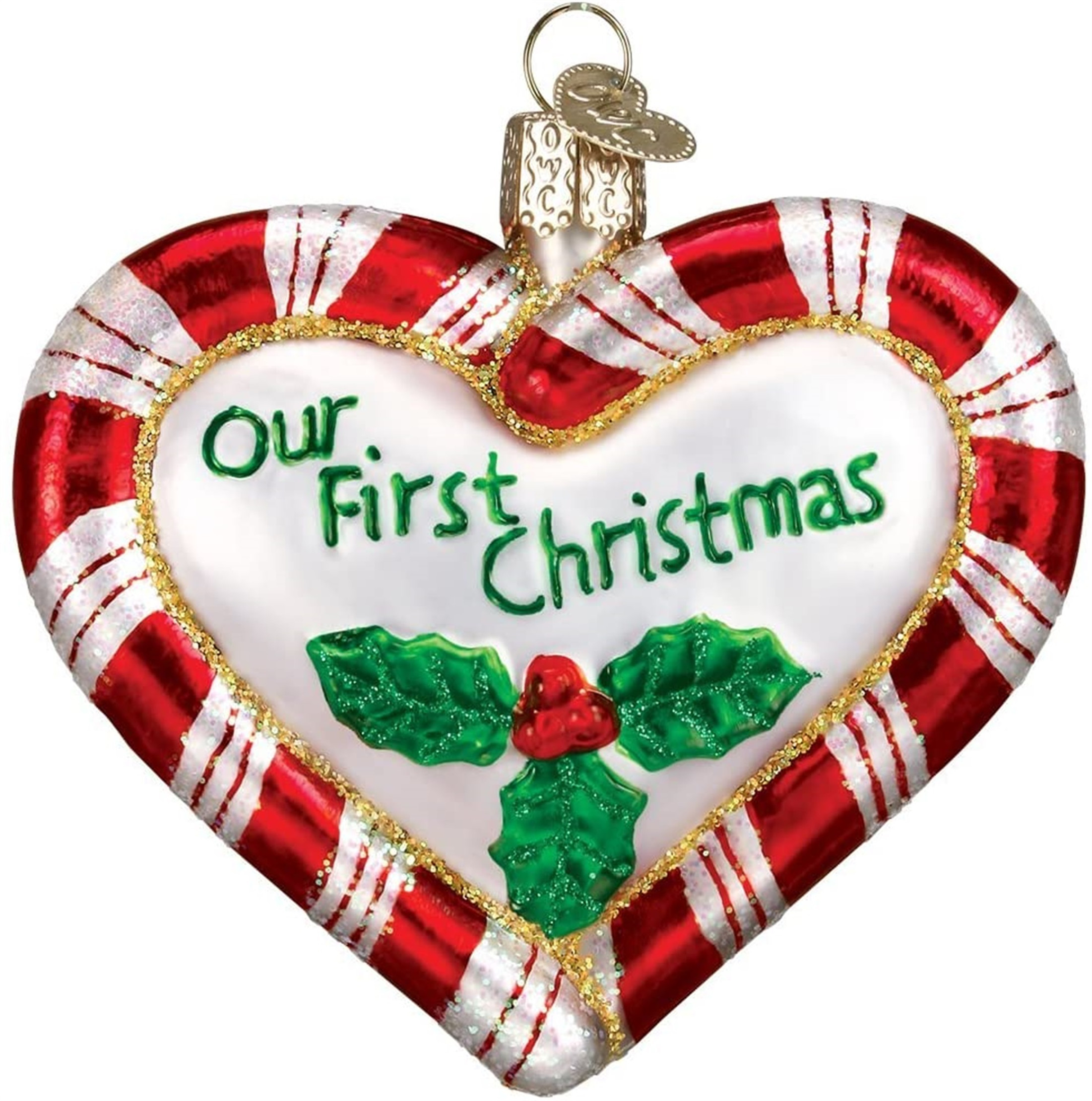 Old World Christmas Glass Blown Ornament, Peppermint Heart, 3.25" (With OWC Gift Box)