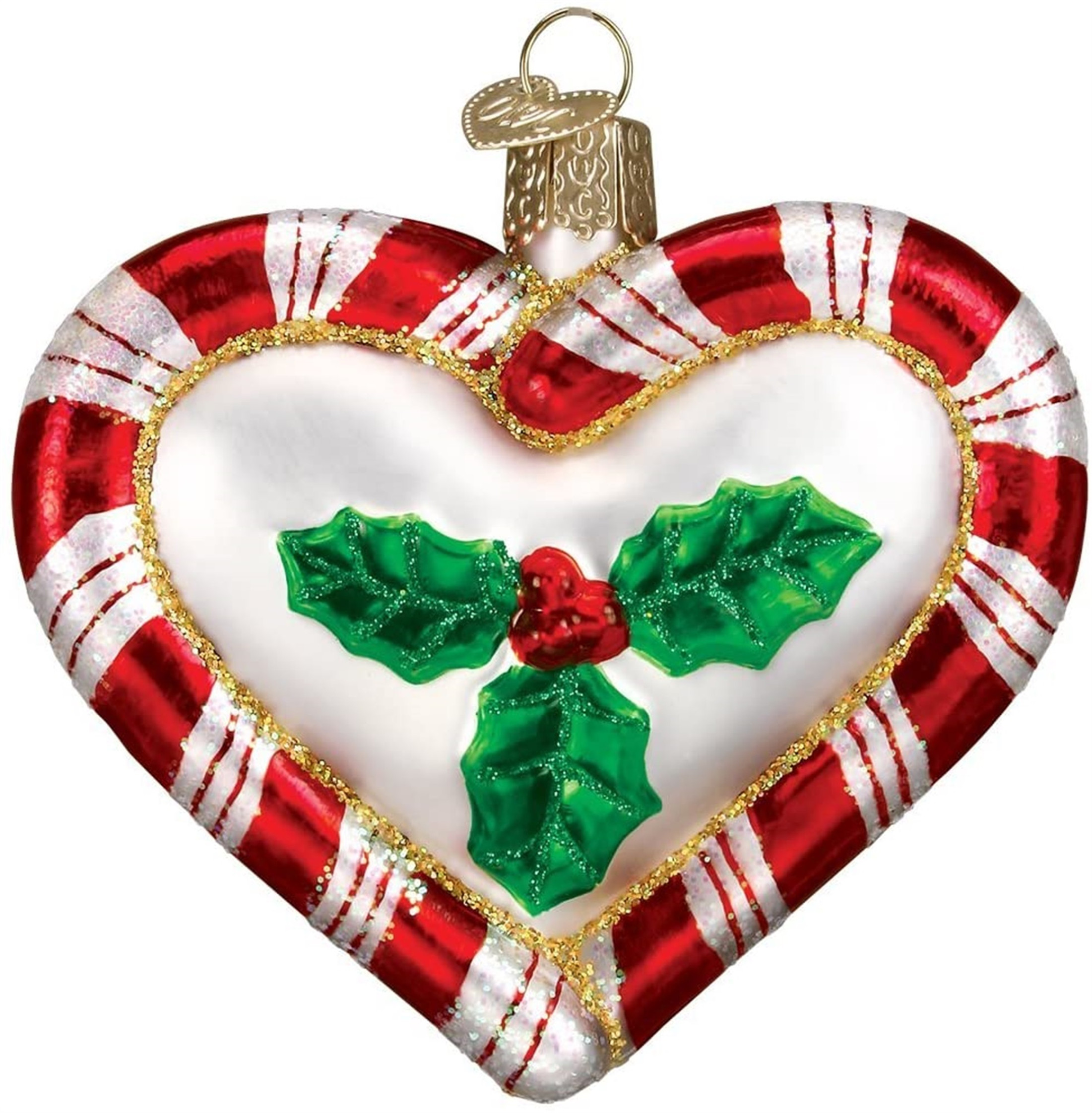 Old World Christmas Glass Blown Ornament, Peppermint Heart, 3.25" (With OWC Gift Box)