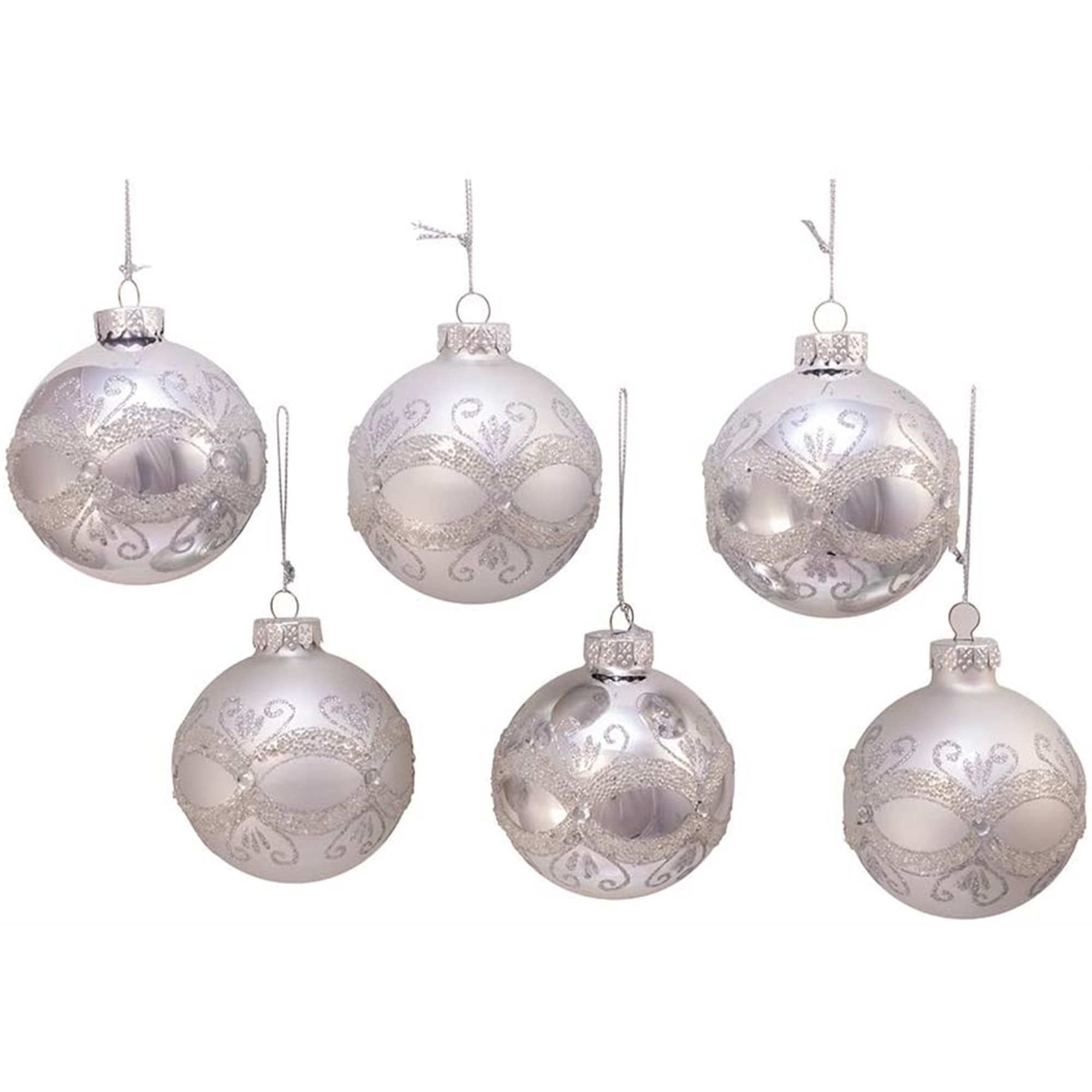 Kurt Adler Glass Ball Ornaments, Glitter and Sequins, Silver, 6-Piece Set