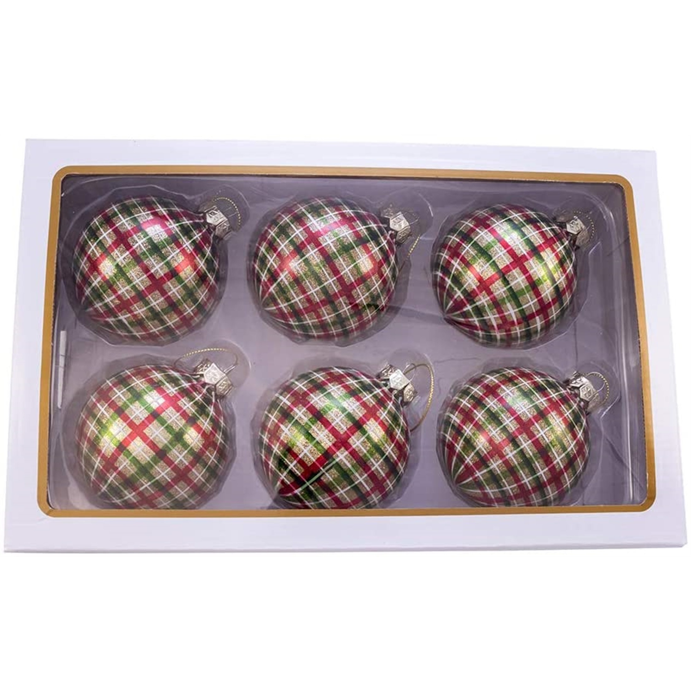 Kurt Adler Plaid Glass Ball Ornaments, 6-Piece Box, 3"