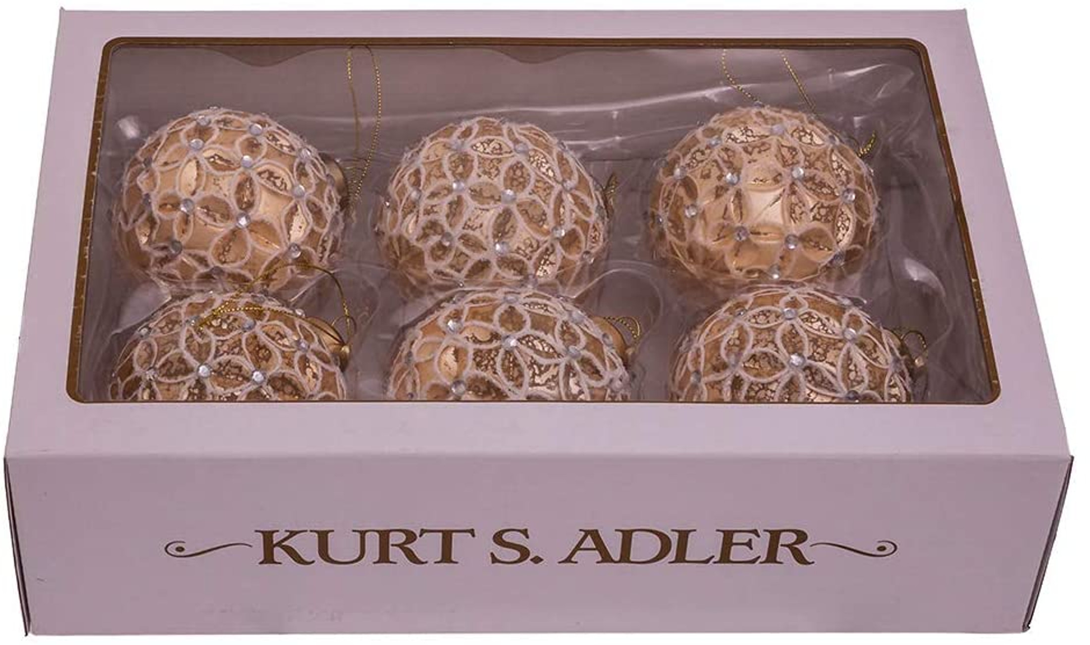 Kurt S. Adler Ornament Set, Gold Lattice Christmas Balls, 3 (Pack of 6)
